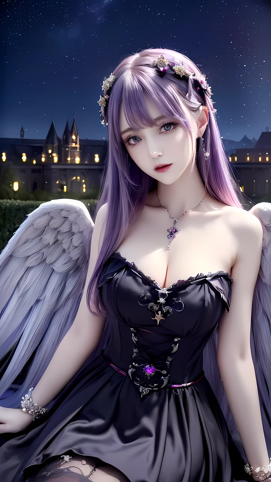 (((Best quality, 8k, Masterpiece: 1.3)), ((best quality)), A beautiful woman, Highly detailed face and skin texture, (Detailed eyes), ((Angel wings)), Gothic ta, Gothic horror, glittering dress, fantasy, Lavender colored hair, Bracelet inlaid with red rubies, night, stars, moon, old castle, whole body, Sitting on the castle walls