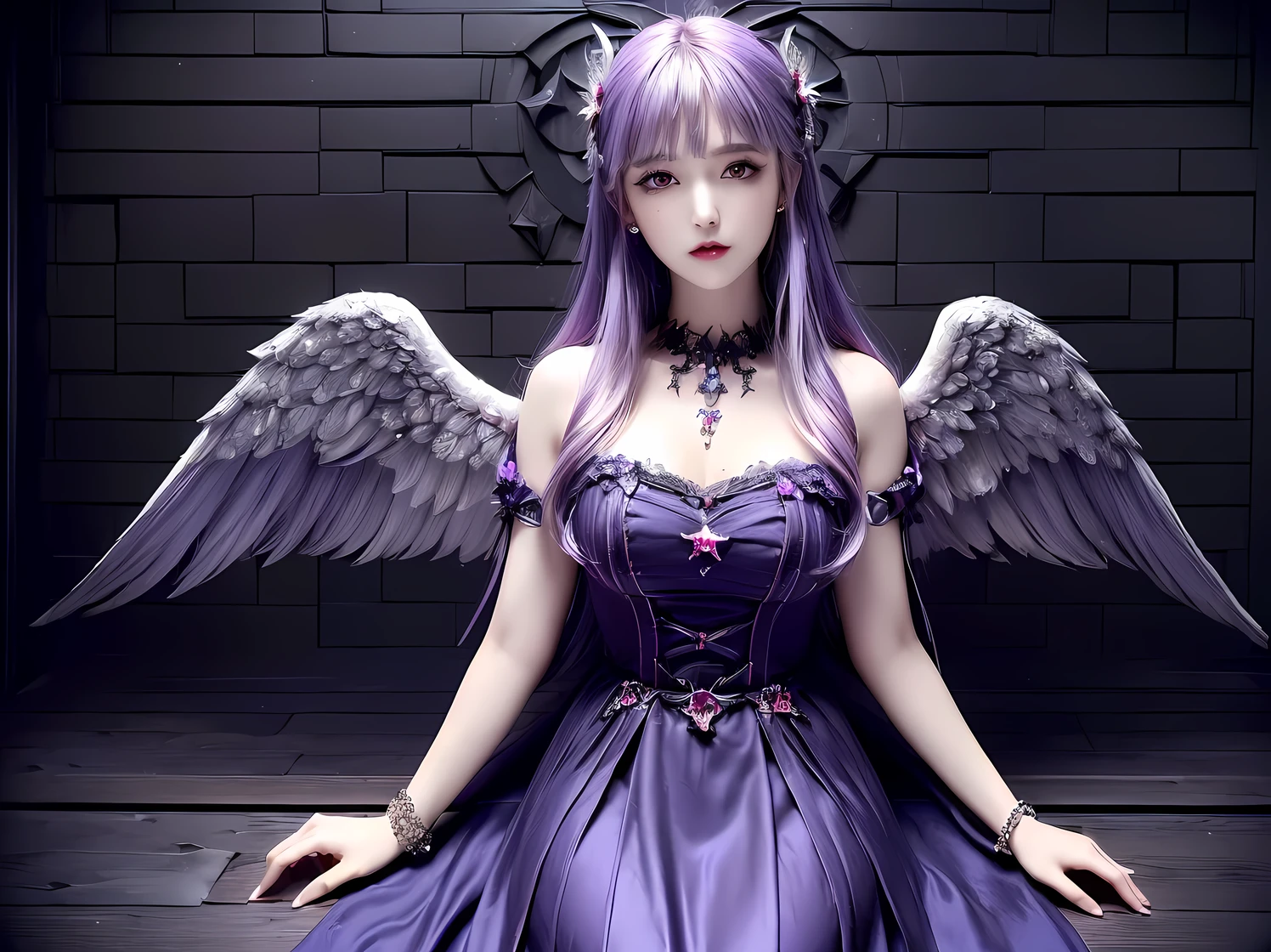 (((Best quality, 8k, Masterpiece: 1.3)), ((best quality)), A beautiful woman, Highly detailed face and skin texture, (Detailed eyes), ((Angel wings)), Gothic ta, Gothic horror, glittering dress, fantasy, Lavender colored hair, Bracelet inlaid with red rubies, night, stars, moon, old castle, whole body, Sitting on the castle walls