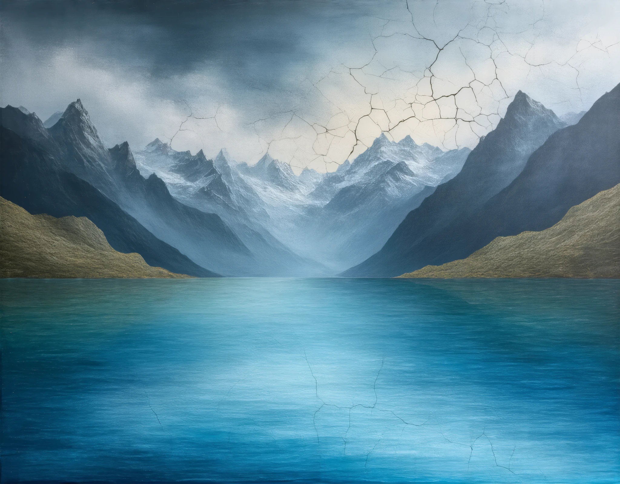 Oil painting of a clear sky and mountain landscape, oil cracked in the sky area.