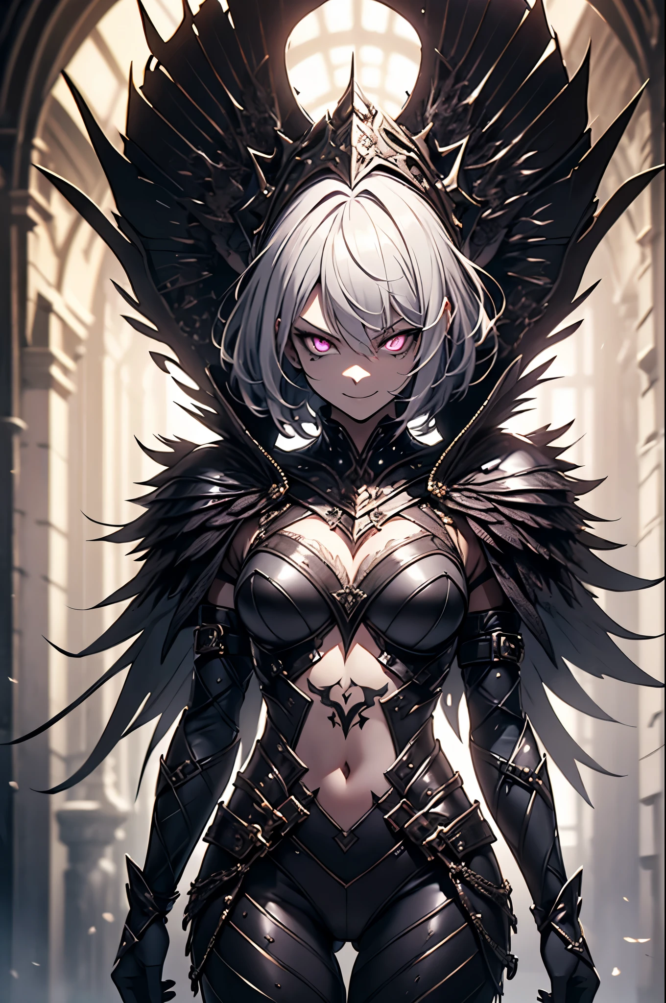 a young woman alone. 25 years. height 1,65. full body costume, short white hair . short hair. shoulder length hair. Armadura leve de luta cor Black, Black, armadura na cor Black, with . haughty look. glowing purple eyes . detailed eyes . gloomy countenance, smiling. dynamic pose . tribal body tattoos