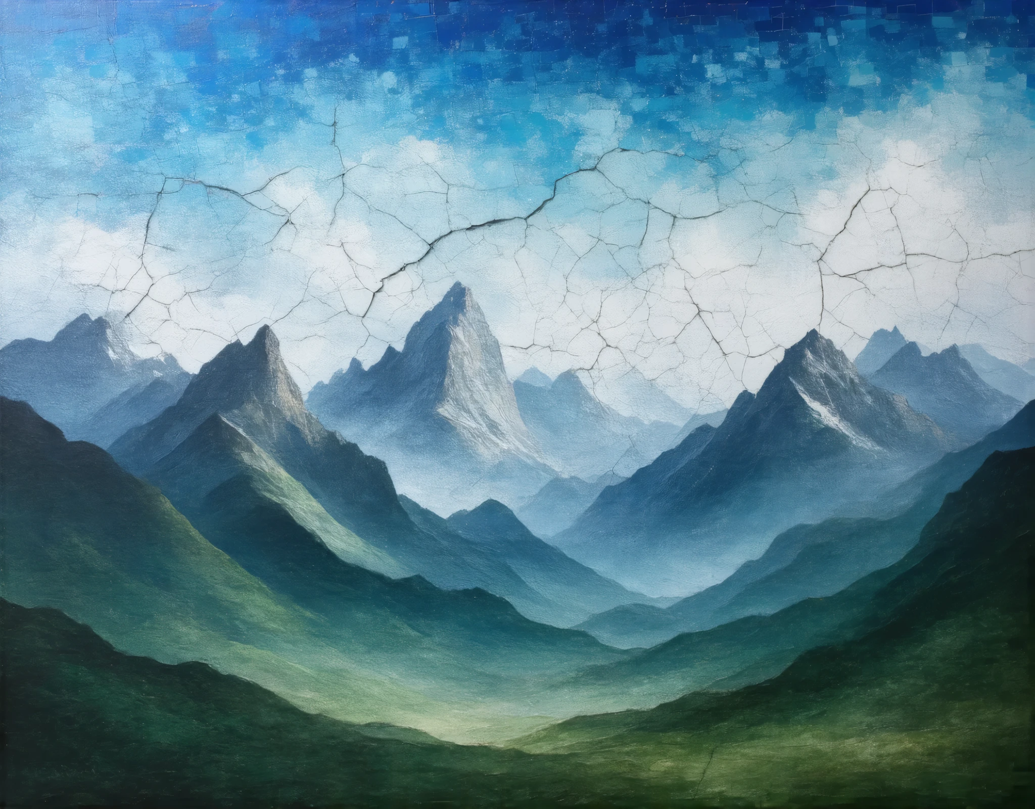 Oil painting of clear sky and green mountain landscape, mosaic-patterned sky, oil cracked in the sky area. No clouds, cracked sky