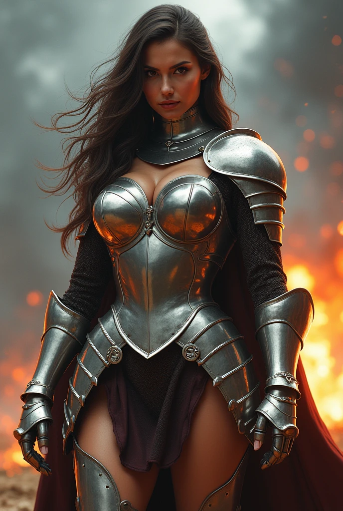 Beautiful warrior woman in fully covered armor, huge breasts