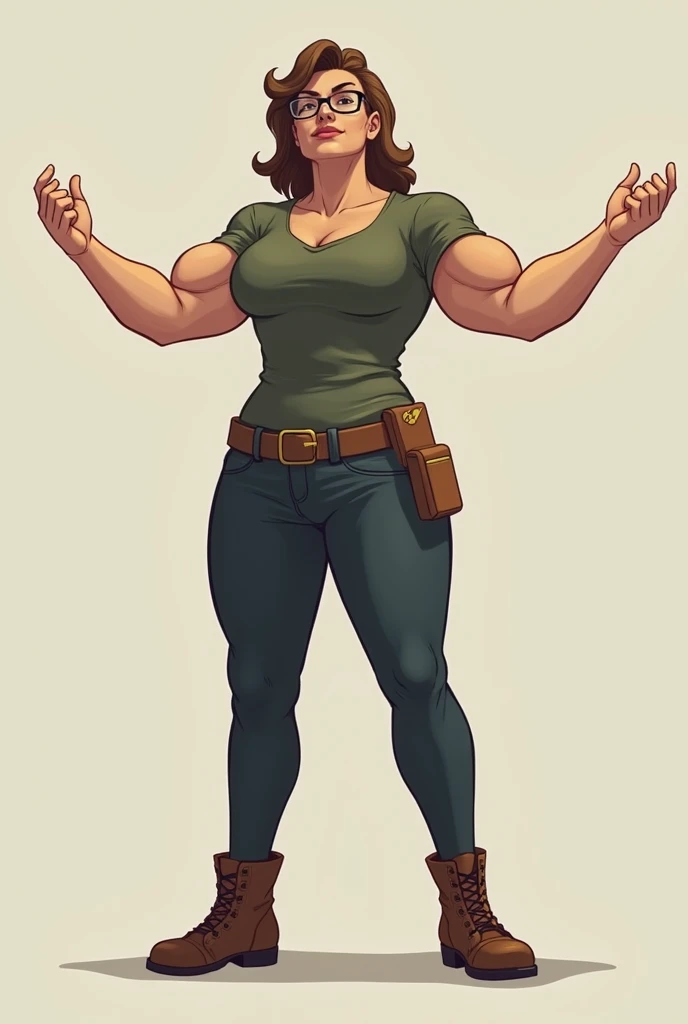 green solid background, 1 woman, best quality, ultra high res, long hair, full lips, brown hair, blue eyes, military cargo pants, cropped white t-shirt, short sleeves, smiling at viewers, wearing brown gloves, wearing black combat boots, double D breast, standing, full body