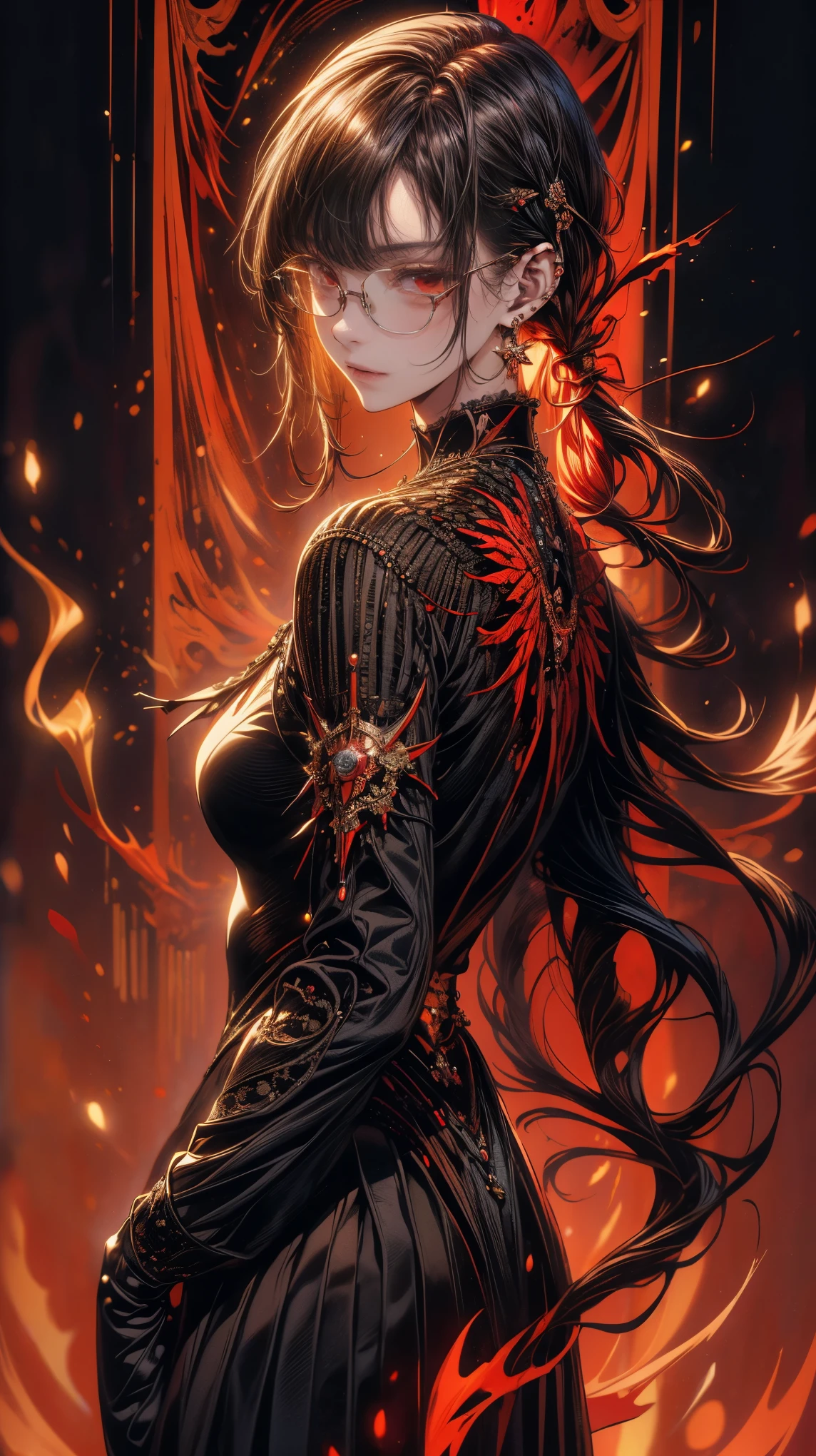 Masterpiece, High Quality , high resolution, 16k, very detailed background , Digital Painting , Makoto Shinkai's illustration , Hyperrealistic , viewer, slender, one girl, whole body, movie poster, Official Art, spy, Glasses Black Suit , white shirt, Long white hair, Red Eyes, ( thighs:0.5), detailed face, Beautiful Hair, long lashes, 一服のcigarette草, cigarette, dynamic lighting , high resolution, sharp concentration, evil, dark vibe