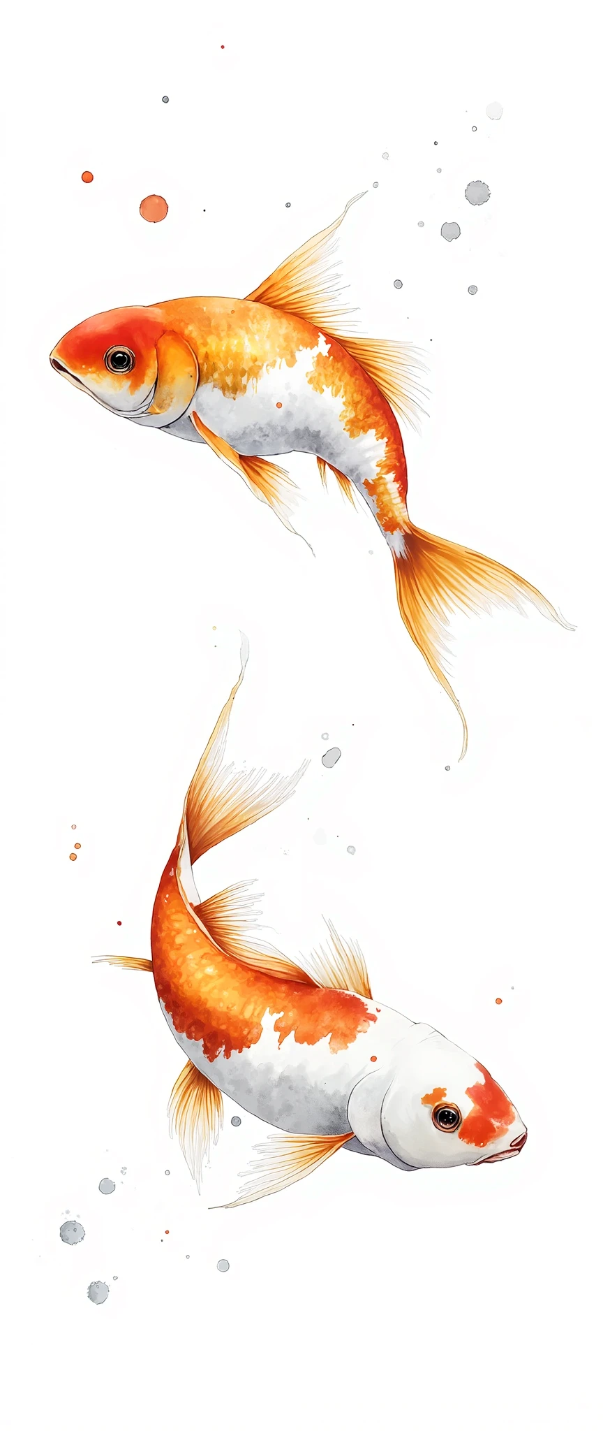 (Masterpiece:1.2, best quality , super high resolution , very detailed on trends),8k, wallpaper,( The background is white:2.0),( detailed depiction without water surface reflection :2.0),(Two goldfish swimming :2.0),(Cool Photos),( shot taken from directly above:2.0),(dynamic:2.0),( watercolor:2.0)