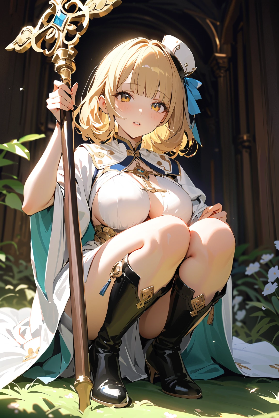 djeeta,Zeta,One Girl,Blonde,Shiny Hair,short hair,hair band,Brown eyes,teenage,cute,
very shiny 肌,Shiny body,plastic glitter 肌,exaggerated shiny 肌,illuminated 肌,
(Huge breasts, Glamour:1.1),(Huge hips),Tight waist,Long legs,curve,Cleavage,erotic,Bold,Revealing clothing,show 肌,
(Realistic eyes, Natural skin texture, Realistic facial details),
High resolution,Sharp focus,(Super detailed,Very detailed),(Very detailed CG unity 8k wallpaper),(((Vibrant colors))),{best illustration},
Beautiful Eyes,Symmetrical eyes,Big eyes:1.5,Seductive eyes,((complete anatomy)),Perfect Fingers,
pubic hair,(erection of nipple),Camel Toe,
kimono,Festivalsの装束,White headband,(Hip-length blue kimono1.4),One shoulder exposed,(Ultra mini skirt),((White loincloth)),show off loincloth,
Gold rings on both thighs,Blue and white shimenawa rope around the waist,Thick-soled black sandals,sarashi,
skirt lift by myself, showing panties, (extreme close-up of thigh:1.5), (The view is from very close below:1.5), Pushing hips forward, arms behind back,
Shrine at night,Festivals,stall,Mysterious atmosphere,Lantern light,(Outdoor Environments),
