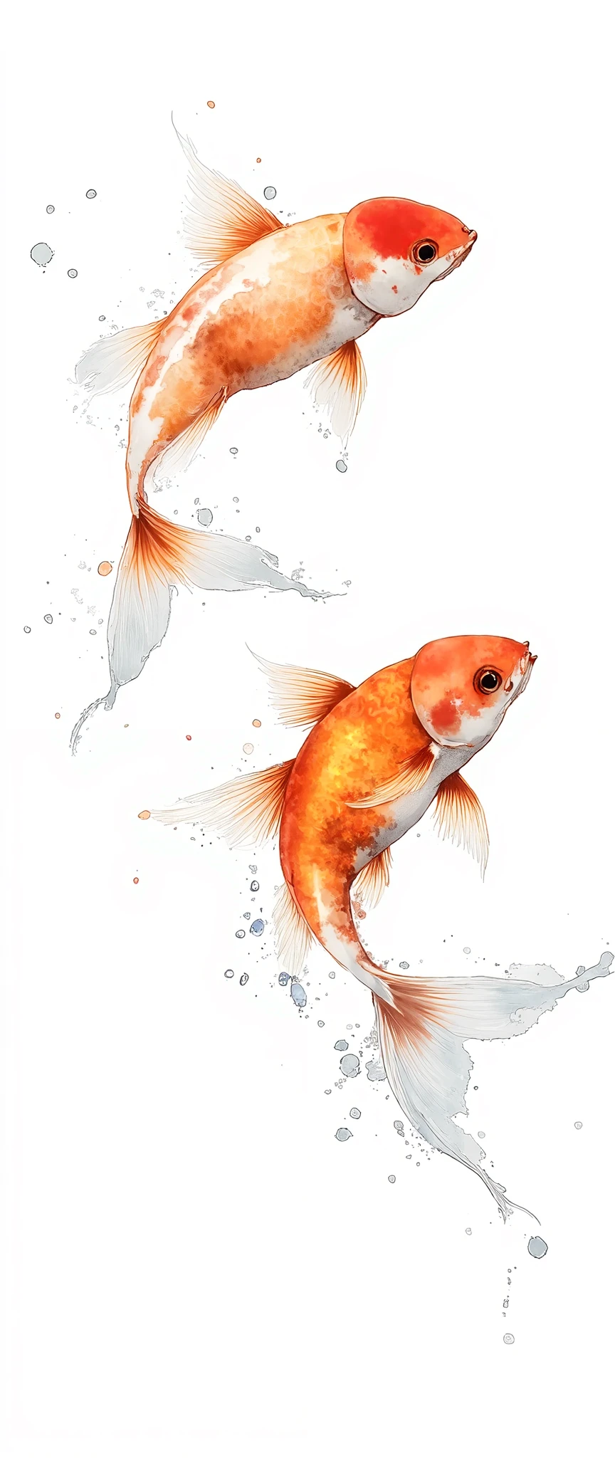 (Masterpiece:1.2, best quality ,  super high resolution , very detailed on trends),8k, wallpaper,( The background is white:2.0),( detailed depiction without water surface reflection :2.0),(Two goldfish swimming :2.0),(Cool Photos),( shot taken from directly above:2.0),(dynamic:2.0),( watercolor:2.0)