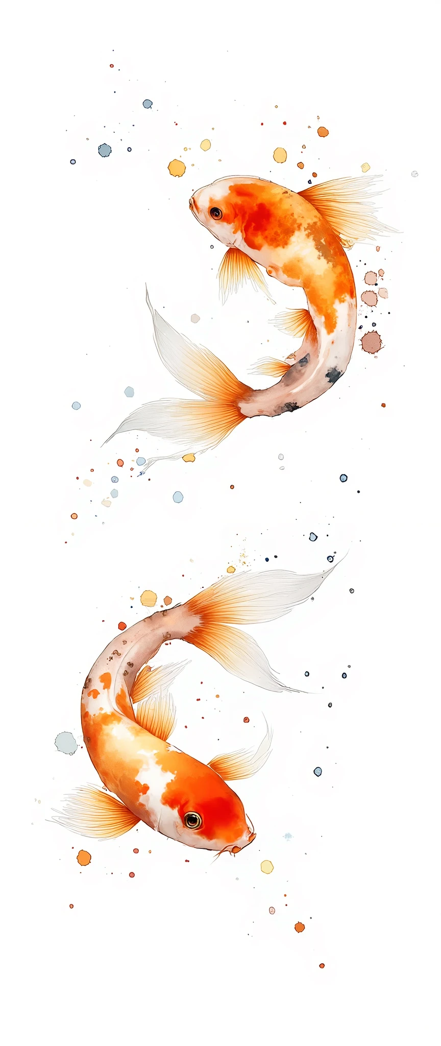 (Masterpiece:1.2, best quality , super high resolution , very detailed on trends),8k, wallpaper,( The background is white:2.0),( detailed depiction without water surface reflection :2.0),(Two goldfish swimming :2.0),(Cool Photos),( shot taken from directly above:2.0),(dynamic:2.0),( watercolor:2.0)