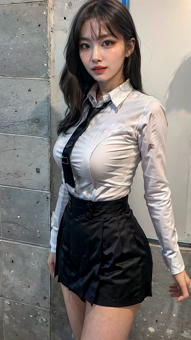 woman((30 age old)), Hair((brown, Long, Wavy)), Eyes((brown, Smart eyes)), clothes((White shirt, Black skirt)), pony tails, pervert smirk, Hairpins Hairpins, Office, Employee ID, Bigboobs, cleavage, tattoo on chest, Smoking,