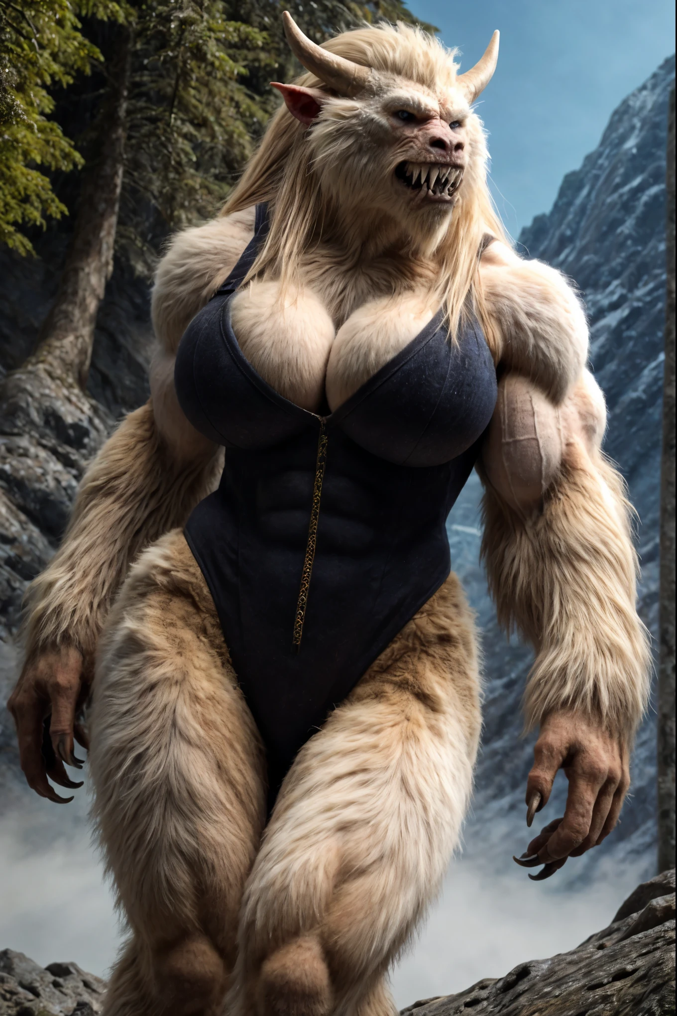 "(best quality, highres, realistic:1.37), photorealistic portrait, solo, woman transformed into a yeti monster, patterned highleg leotard (thong leotard), large busty breasts, super muscular body, curvy figure, broad hips, fur covering the body, long flowing hair, sharp claws, intimidating sharp teeth, strong jaws, imposing horns, piercing blue eyes, dynamic lighting, setting: gym, doing aerobics,"