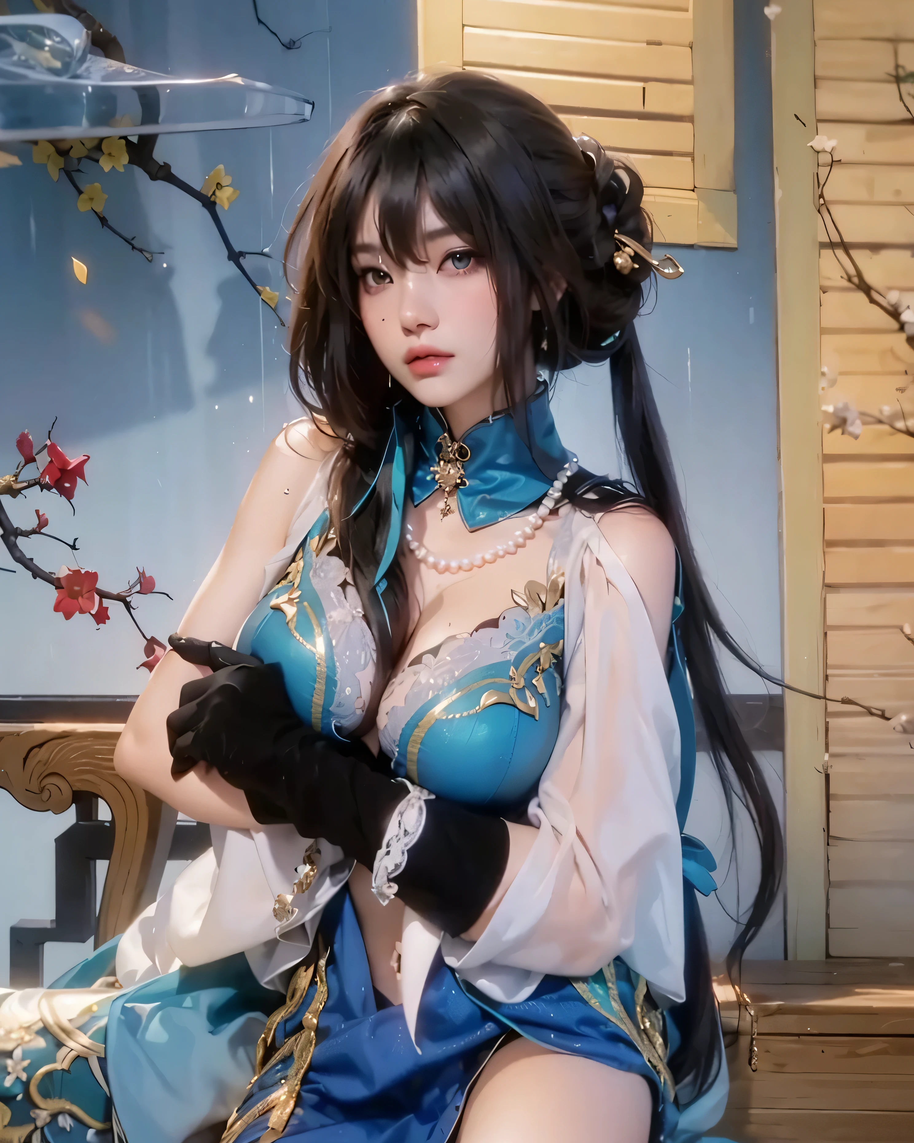 ((RUAN MEI_HONKAI STAR RAIL),((realistic, photorealistic)),(highlight hair)), Light reflection, (( HD )),((upper body)), (((best quality, masterpiece))), (masterpiece) (best quality) (detail) (8k) (HDR) (wallpaper) (cinematic lighting) (sharp focuasterpiece, best quality: 1.1), Real life adaption of this character, Asian beauty face, Shining Purple eyes, realistic outfit, realistic shadow, realistic light, realism, hyper realistic, realistic background,(photorealistic:1.2), 1girl, ruan mei \(honkai: star rail\), solo, china dress, green gloves, hair ornament, detached collar, necklace, thigh strap, carpet, lying, bed sheet, looking at viewer, facing away, blush, parted lips, hands up score_9, score_8_up, score_7_upscore_9, score_8_up, score_7_up, source_anime, ruan mei, black hair, aqua eyes, long hair, hair bun, single hair bun, sidelocks, streaked hair, hair between eyes, chinese clothes, pearl earrings, pearl necklace, thigh strap, bare shoulders, covered navel, aqua collar, jewelry, detached sleeves, sleeveless, sleeveless dress, clothing cutout, hair ornament, dress, elbow gloves, gloves, aqua dress, aqua footwear, aqua gloves, hairpin, high heels, garden laboratory, working on scientific experiments, surrounded by sakura trees in full bloom, cowboy shot, dutch angle, hand on shoulder, elbow out
