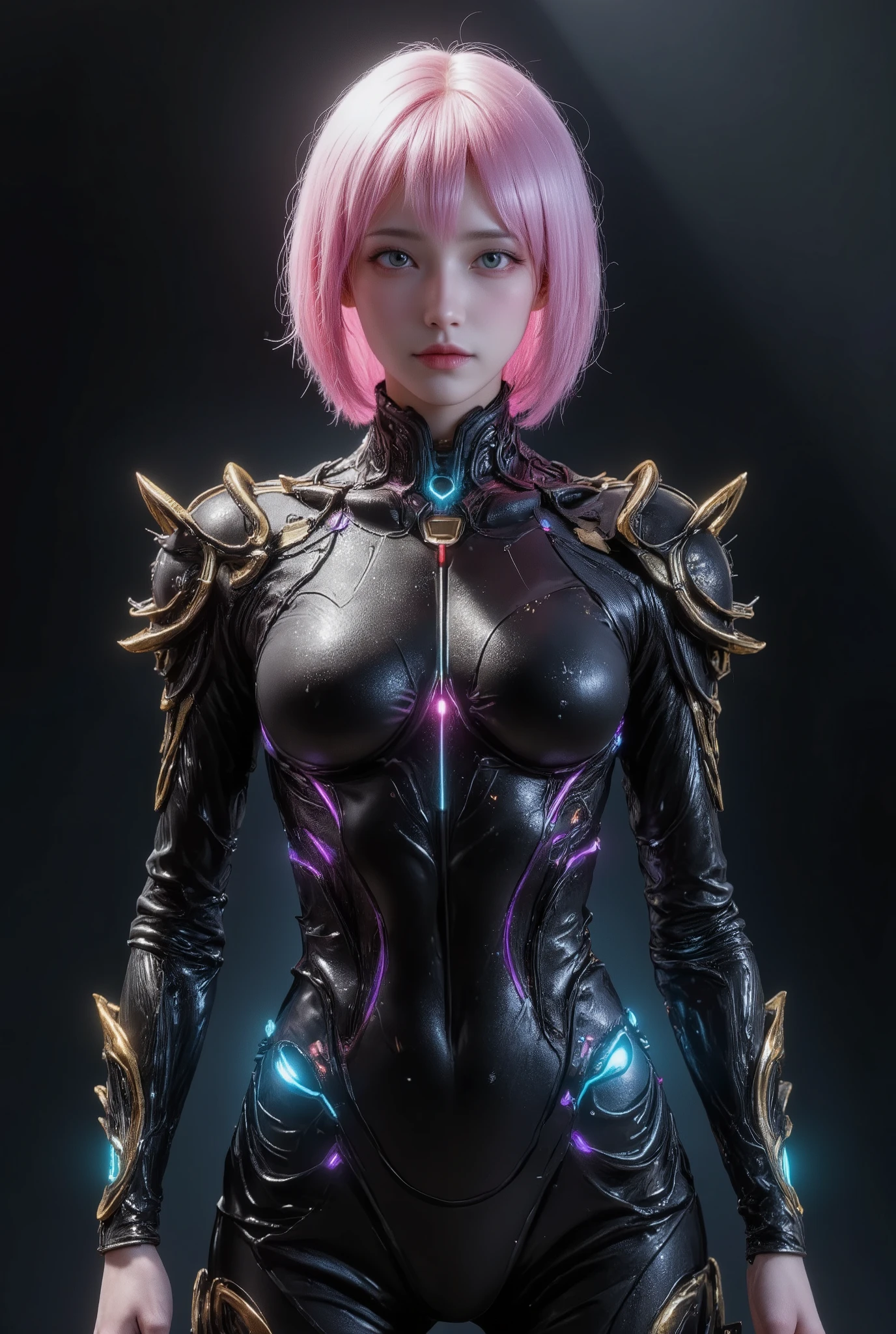 (best quality,4k,8k,highres,masterpiece:1.2),ultra-detailed,(realistic,photorealistic,photo-realistic:1.37), a groundbreaking and visually stunning 3D rendering of a futuristic female figure, the superbly crafted suit is made of ultra-shiny black carbon latex, featuring intricate electronic patterns that accentuate the figure's curves. The suit is adorned with multicolored neon lights and enhanced with electronic circuit details. The overall design seamlessly merges the boundaries between humans and machines, electronics, and cyberpunk influences. The artist's expert use of artificial intelligence brings this captivating and imaginative masterpiece to life, blending illustration, anime, fashion, and portrait photography., illustration, anime, fashion, portrait photography,big breasts 1.3