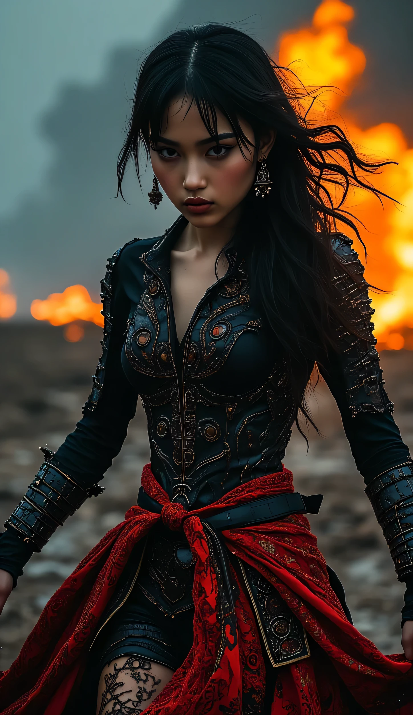of a warrior woman in an epic setting . He wears a black kebaya with lace details that elegant transparent typical traditional Indonesian, with batik cloth bottoms and a red Batik patterned shawl tied around her waist , with ornaments showing details of her design , Her sword , reflecting blood , is held with both hands in a defending or attacking position , show the intensity of the battle . His face is full of determination , with a sharp look and some scars adds to the impression of toughness and fearlessness . Her partially unraveled hair in the wind , emphasize the dynamics of movement in the image . x} The background reflects the chaotic atmosphere of the battlefield , with fire effect , at night splashes of blood , and contrasting color , giving an action-packed dramatic atmosphere .