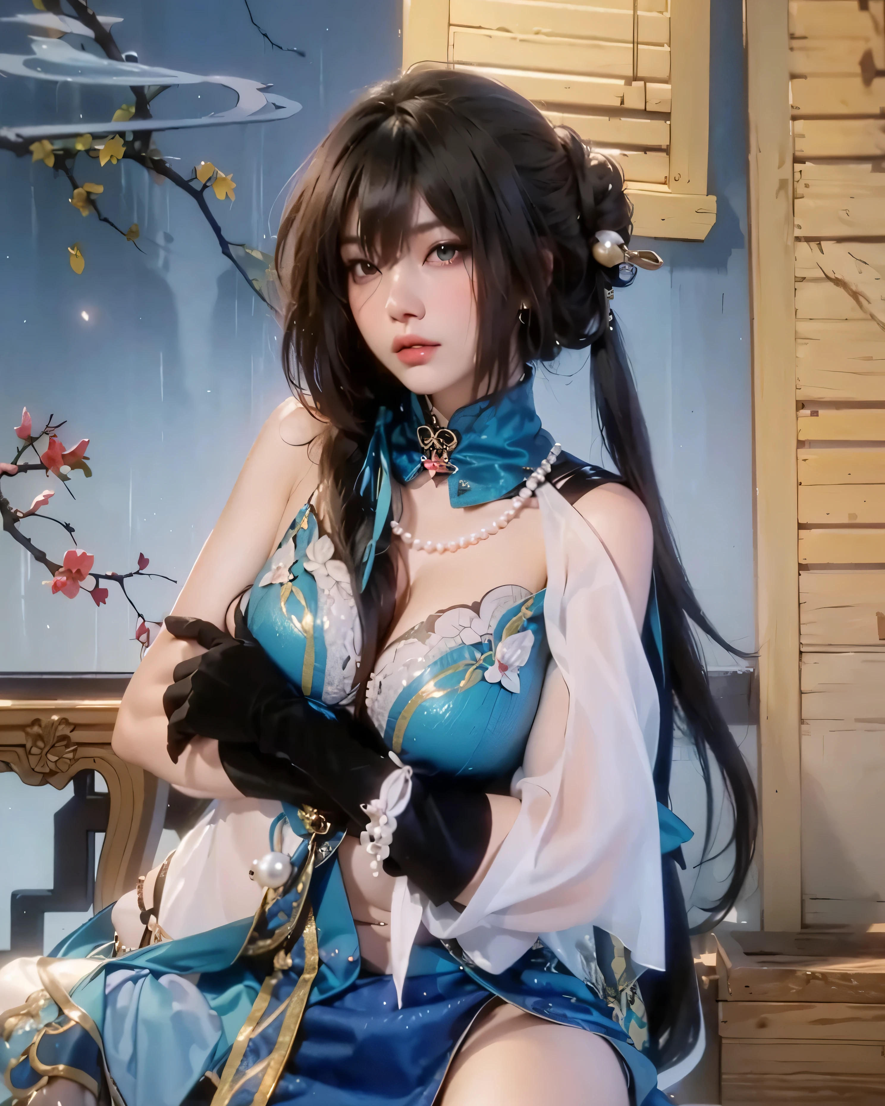 ((RUAN MEI_HONKAI STAR RAIL),((realistic, photorealistic)),(highlight hair)), Light reflection, (( HD )),((upper body)), (((best quality, masterpiece))), (masterpiece) (best quality) (detail) (8k) (HDR) (wallpaper) (cinematic lighting) (sharp focuasterpiece, best quality: 1.1), Real life adaption of this character, Asian  beauty face, Shining Purple eyes, realistic outfit, realistic shadow, realistic light, realism, hyper realistic, realistic background,(photorealistic:1.2), 1girl, ruan mei \(honkai: star rail\), solo, china dress, green gloves, hair ornament, detached collar, necklace, thigh strap, carpet, lying, bed sheet, looking at viewer, facing away, blush, parted lips, hands up score_9, score_8_up, score_7_upscore_9, score_8_up, score_7_up, source_anime, ruan mei, black hair, aqua eyes, long hair, hair bun, single hair bun, sidelocks, streaked hair, hair between eyes, chinese clothes, pearl earrings, pearl necklace, thigh strap, bare shoulders, covered navel, aqua collar, jewelry, detached sleeves, sleeveless, sleeveless dress, clothing cutout, hair ornament, dress, elbow gloves, gloves, aqua dress, aqua footwear, aqua gloves, hairpin, high heels, garden laboratory, working on scientific experiments, surrounded by sakura trees in full bloom, cowboy shot, dutch angle, hand on shoulder, elbow out