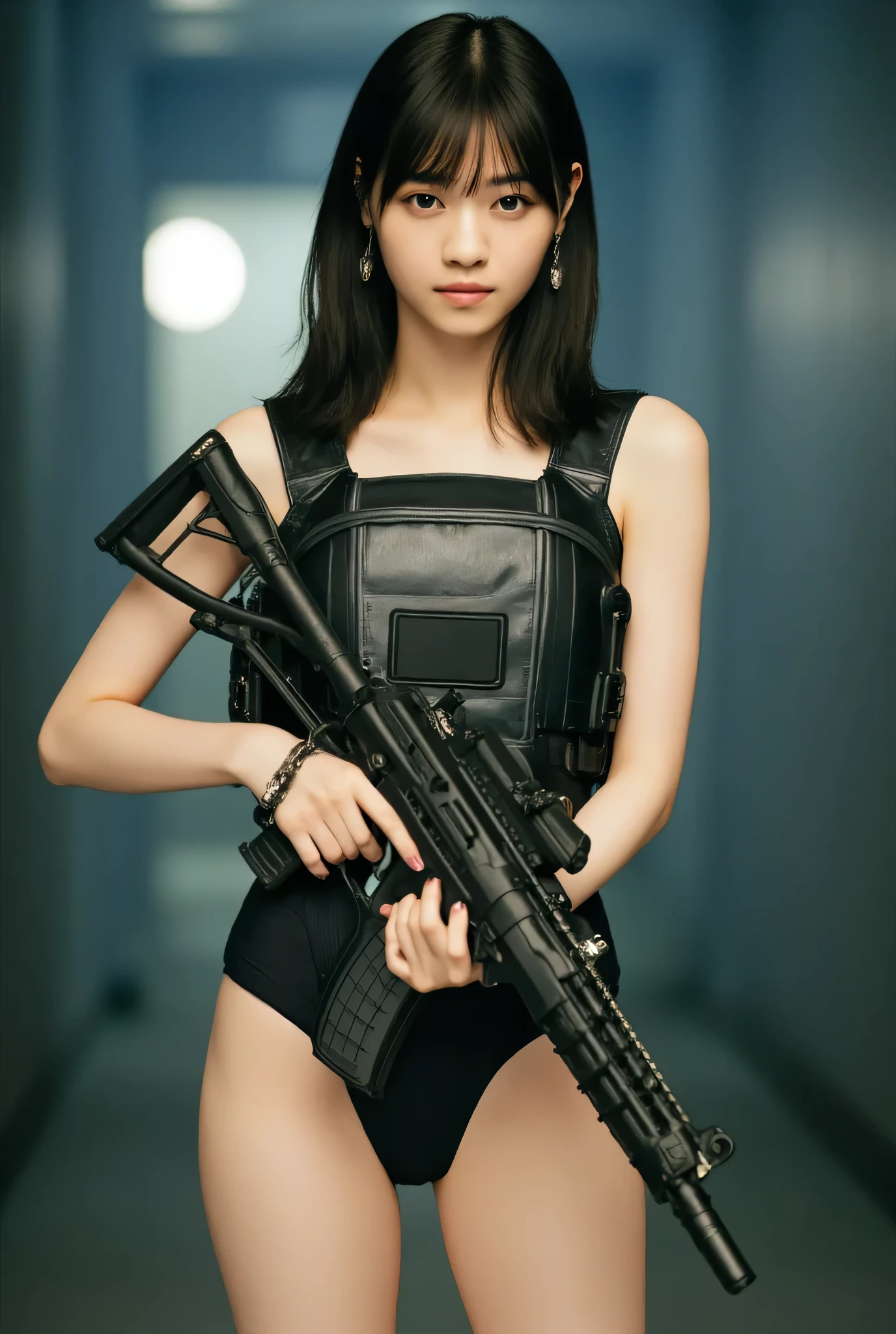 ((The dark background inside the base in the near future:2.0),(( cyberpunk vibe :1.5)),( blurry background:1.5),((whole body:2.0)),(((futuristic SWAT troop style black military vest:2.0))),((Perfect Naked:1.5)),(( Wearing a Military Vest on Naked :1.9)),((ear monitor:1.5)),(((Tactical Holster:1.5))),( gloves:1.5),( one woman), cute face,Beautiful well-balanced face ,( 20 year old Japanese woman), ( Glamorous Shots of Japanese Women ),( Slender Beautiful Body :1.5),( model body type),Slim body,(( big breasts:1.5)),( Accurate Depiction of Natural Nipples ),(firm nipples ),(((Bare thighs:1.8))),((Voluptuous thighs:1.5)),( delicate body:2.0),((Very sensual:1.5)),((Hold up a futuristic laser rifle:2.0)),(( perfect body line)),(( Ideal Proportions )),(((I can't wear panties:2.0))),(((( lower body nude:1.5)))), realistic skin texture,( natural big breasted :1.5),( black hair:1.5),( beautiful eyes:1.3),(( Shrimp:1.5)),A harmonious posture,(((masterpiece:2.0))),( best quality :1.5),( high resolution:1.5),(UHD:1.5),( movie lights:1.5),( Delicate Depiction),((Realistic depiction of nipples,Areola:2.0)),((( Carefully Depict Limbs Based on Perfect Anatomy:2.0)),( carefully drawn with butterfly wings ))),32K, Polo, ULTRA DETAILS,((超 high resolution)), Draw eyelashes carefully, ( very detailed face:1.5),((Highly detailed female hand:1.8)),(Sexy appearance:1.5), concept art