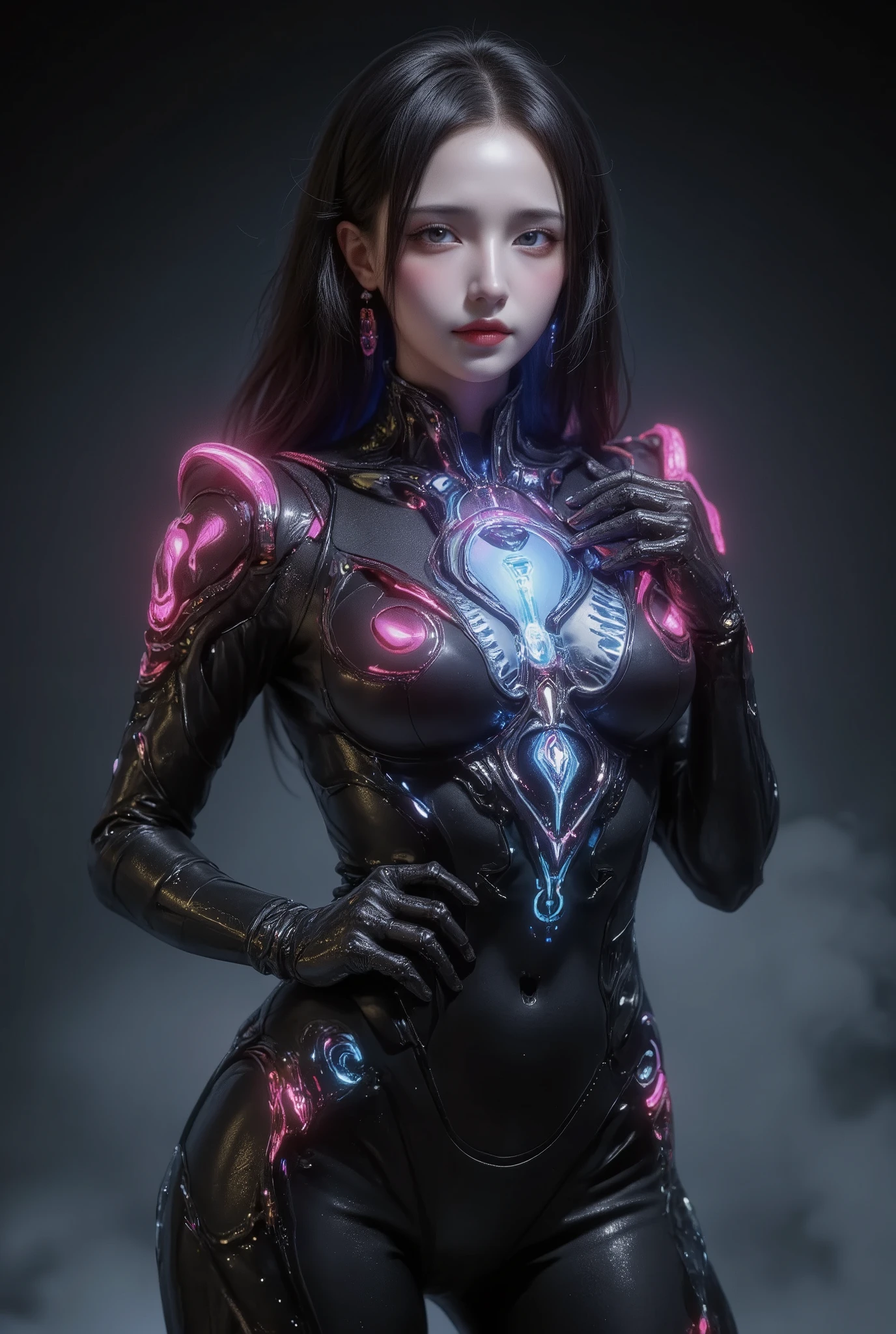(best quality,4k,8k,highres,masterpiece:1.2),ultra-detailed,(realistic,photorealistic,photo-realistic:1.37), a groundbreaking and visually stunning 3D rendering of a futuristic female figure, the superbly crafted suit is made of ultra-shiny black carbon latex, featuring intricate electronic patterns that accentuate the figure's curves. The suit is adorned with multicolored neon lights and enhanced with electronic circuit details. The overall design seamlessly merges the boundaries between humans and machines, electronics, and cyberpunk influences. The artist's expert use of artificial intelligence brings this captivating and imaginative masterpiece to life, blending illustration, anime, fashion, and portrait photography., illustration, anime, fashion, portrait photography,big breasts 1.3,robot body sheld