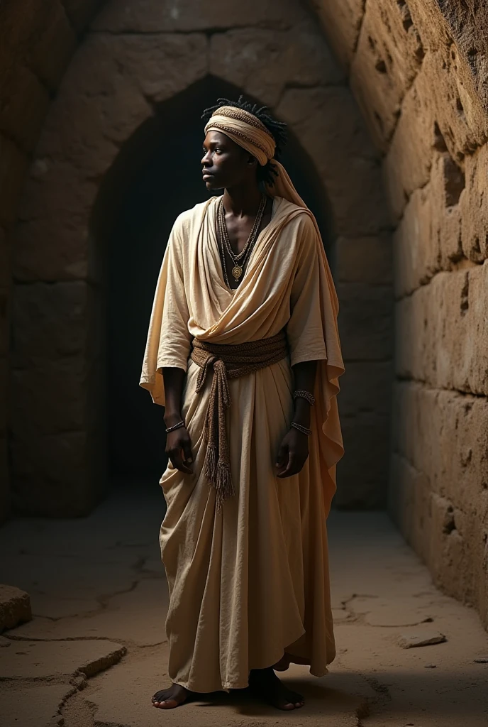 Young Epictetus as a Slave:
Prompt: "A young man dressed in ragged, worn-out clothes, carrying heavy loads on his shoulders. He has a calm and focused expression despite the hardship. The scene is set in a dusty, rough environment, with simple stone buildings in the background, representing a life of slavery."