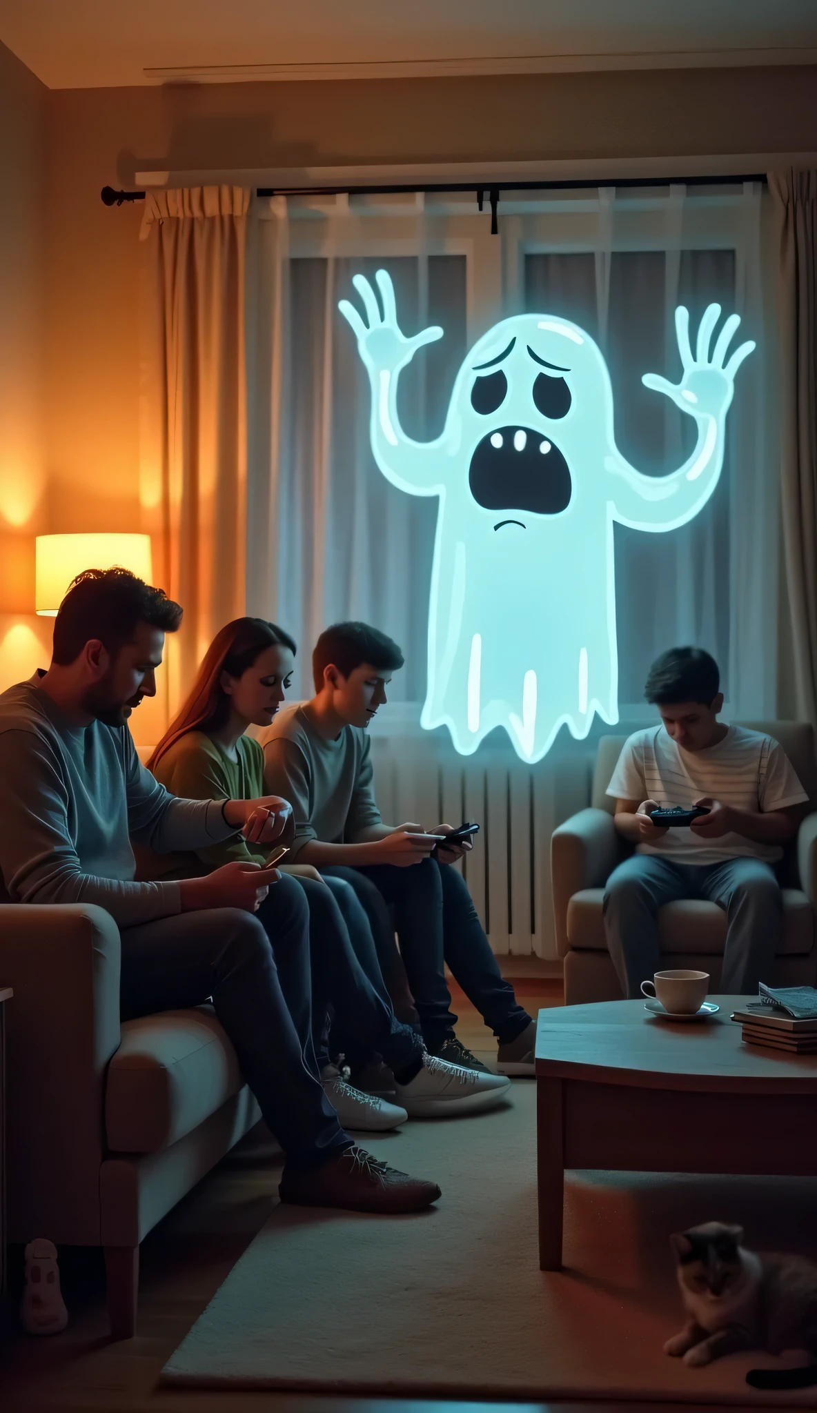 A cozy living room with warm lighting, a family sitting on a sofa. The dad scrolls on his phone, the mom sips coffee, and a boy plays video games. In the background, a comical ghost is dramatically shouting “Boo!” but no one notices. The ghost is semi-transparent with an exaggeratedly sad expression, holding up its ghostly hands in frustration. The room has modern furniture, a glowing TV, and a cute cat sleeping on the rug.