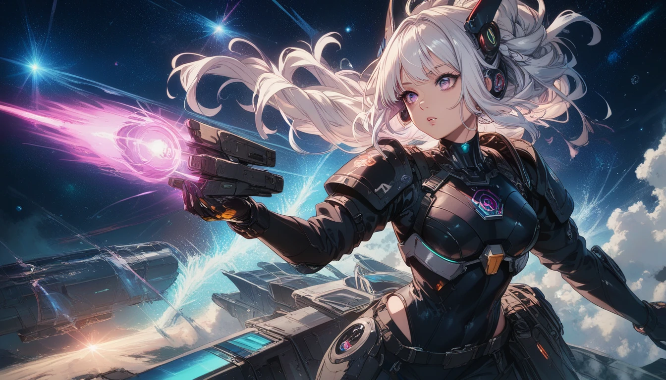 (Full body posing:1.5), (colorful:1.2), Dynamic angle, (extremely detailed CG unity 16k wallpaper:1.1), (Denoising strength: 1.45), (tmasterpiece:1.37), (((masterpiece, an extremely delicate and beautiful, illustration))), (from side, medium long shot), ((a cute_detailed_girl in spacesuit, beautiful_detailed_face in aerospace_helmet)), (((upper body))), (disheveled hair:0.3), (((clouds:0.3), multiple_luna, (floating_fortress technology machinery), night sky background)), (cyberpunk_aerospace_helmet), best quality