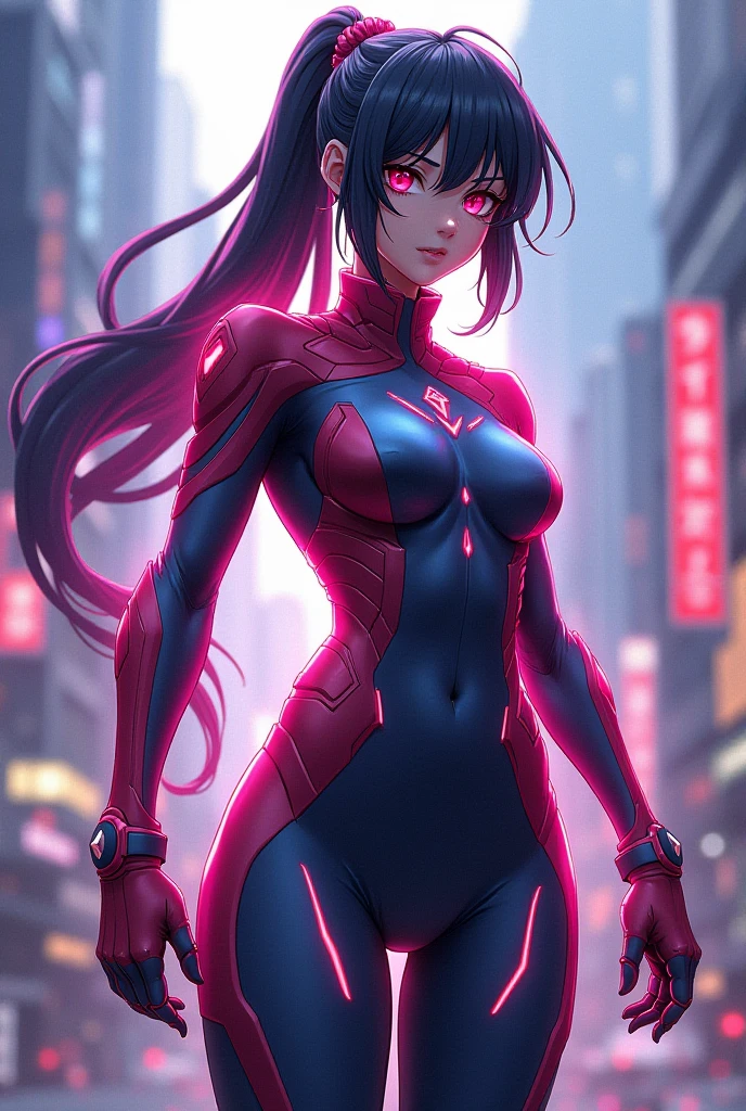 8K highly detailed image,Unreal Engine 5,Anime style,Mega Man-X style,SpiderMan style,Batman style,Super Metroid style,Cyberpunk style. Image of a woman cosplaying Mega Man-X/Samus Aran/SpiderMan/Batman. Black hair,blue eyes,staring intently at the viewer,extreme upgraded suit,weapons,set in futuristic city with heavy rain,facing viewer,smile.