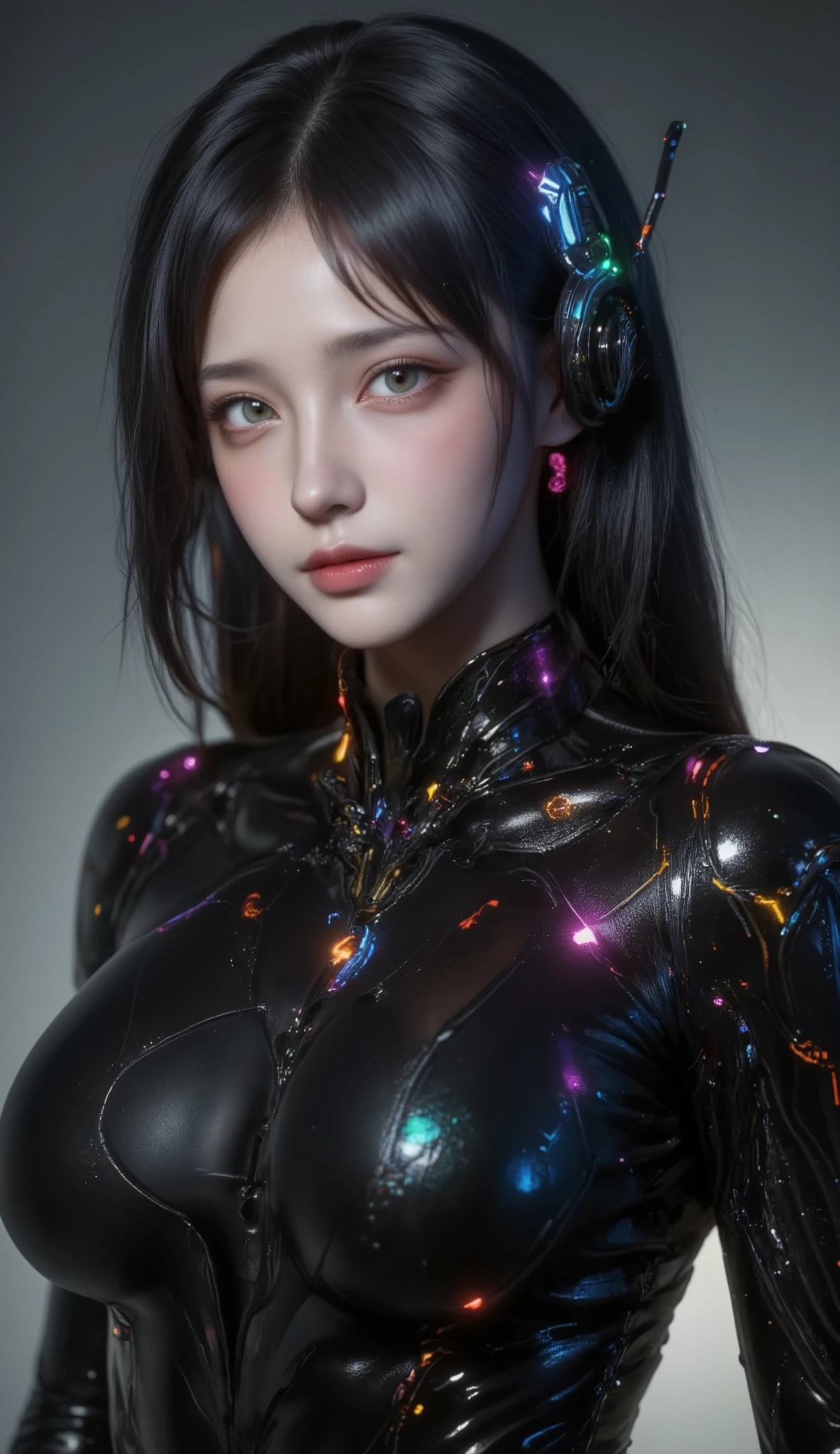(best quality,4k,8k,highres,masterpiece:1.2),ultra-detailed,(realistic,photorealistic,photo-realistic:1.37), a groundbreaking and visually stunning 3D rendering of a futuristic female figure, the superbly crafted suit is made of ultra-shiny black carbon latex, featuring intricate electronic patterns that accentuate the figure's curves. The suit is adorned with multicolored neon lights and enhanced with electronic circuit details. The overall design seamlessly merges the boundaries between humans and machines, electronics, and cyberpunk influences. The artist's expert use of artificial intelligence brings this captivating and imaginative masterpiece to life, blending illustration, anime, fashion, and portrait photography., illustration, anime, fashion, portrait photography