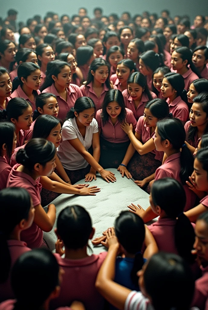 (photorealism:1.2), 16 year old latina schoolgirl performs POV mouth-suction on a caucasian circumsized manhood in a classroom while observed by her female peers. The other girls, these female peers, firmly knead the oftest parts of their chests with sleepy gazes and salivating, slack-jawed expressions suggesting they have been placed into deep hypnotic trance. All the girls are dressed in catholic school uniforms that are far too small for appropriate body coverage.