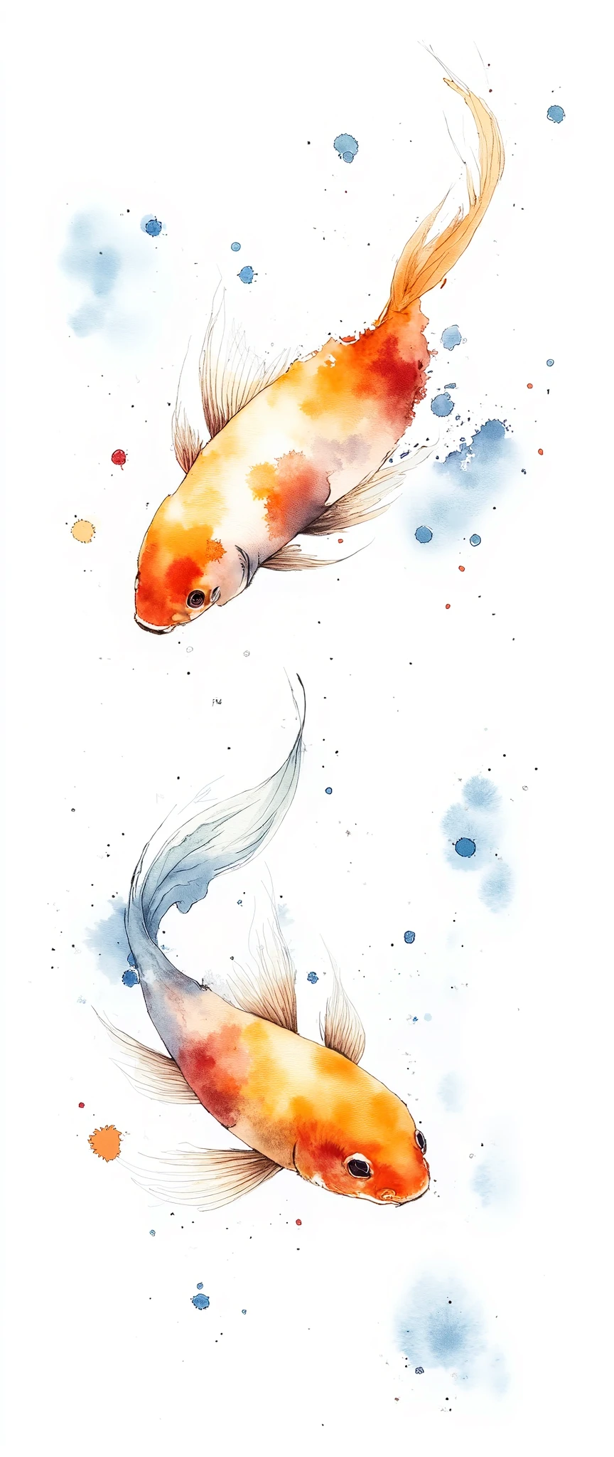 (Masterpiece:1.2, best quality , super high resolution , very detailed on trends),8k, wallpaper,( The background is white:2.0),( detailed depiction without water surface reflection :2.0),(Two goldfish swimming :2.0),( shot taken from directly above:2.0),(dynamic:2.0),( watercolor:2.0),( minimalist),(Dynamic brushstrokes:2.0)
