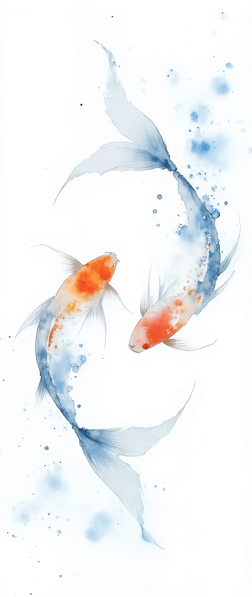 (Masterpiece:1.2, best quality ,  super high resolution , very detailed on trends),8k, wallpaper,( The background is white:2.0),( detailed depiction without water surface reflection :2.0),(Two goldfish swimming :2.0),( shot taken from directly above:2.0),(dynamic:2.0),( watercolor:2.0),( minimalist:2.0)