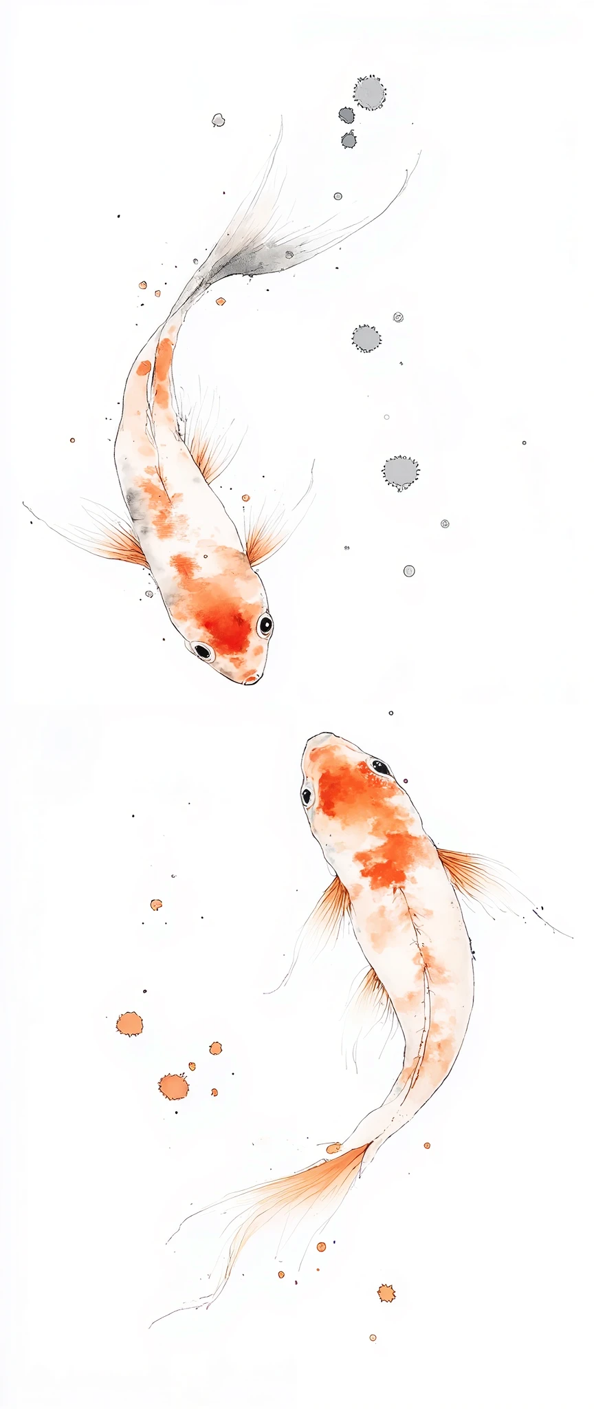 (Masterpiece:1.2, best quality , super high resolution , very detailed on trends),8k, wallpaper,( The background is white:2.0),( detailed depiction without water surface reflection :2.0),(Two goldfish swimming :2.0),( shot taken from directly above:2.0),(dynamic:2.0),( watercolor:2.0),( minimalist:2.0)