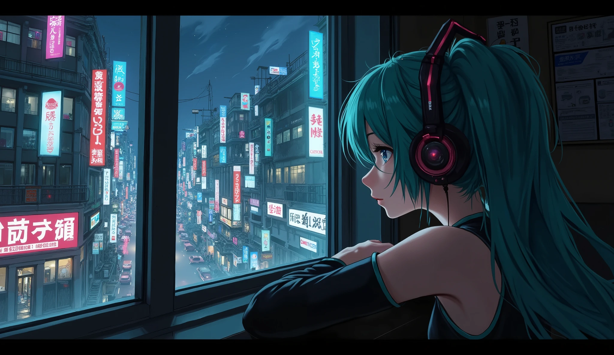 masterpiece,bestquality,Hatsune Miku,miku,indoor,Window side ,night,Japanese street scene,Look far away,Half body,Dark, Cyberpunk ,Light and Shadow,pixivstyle,illustrationstyle