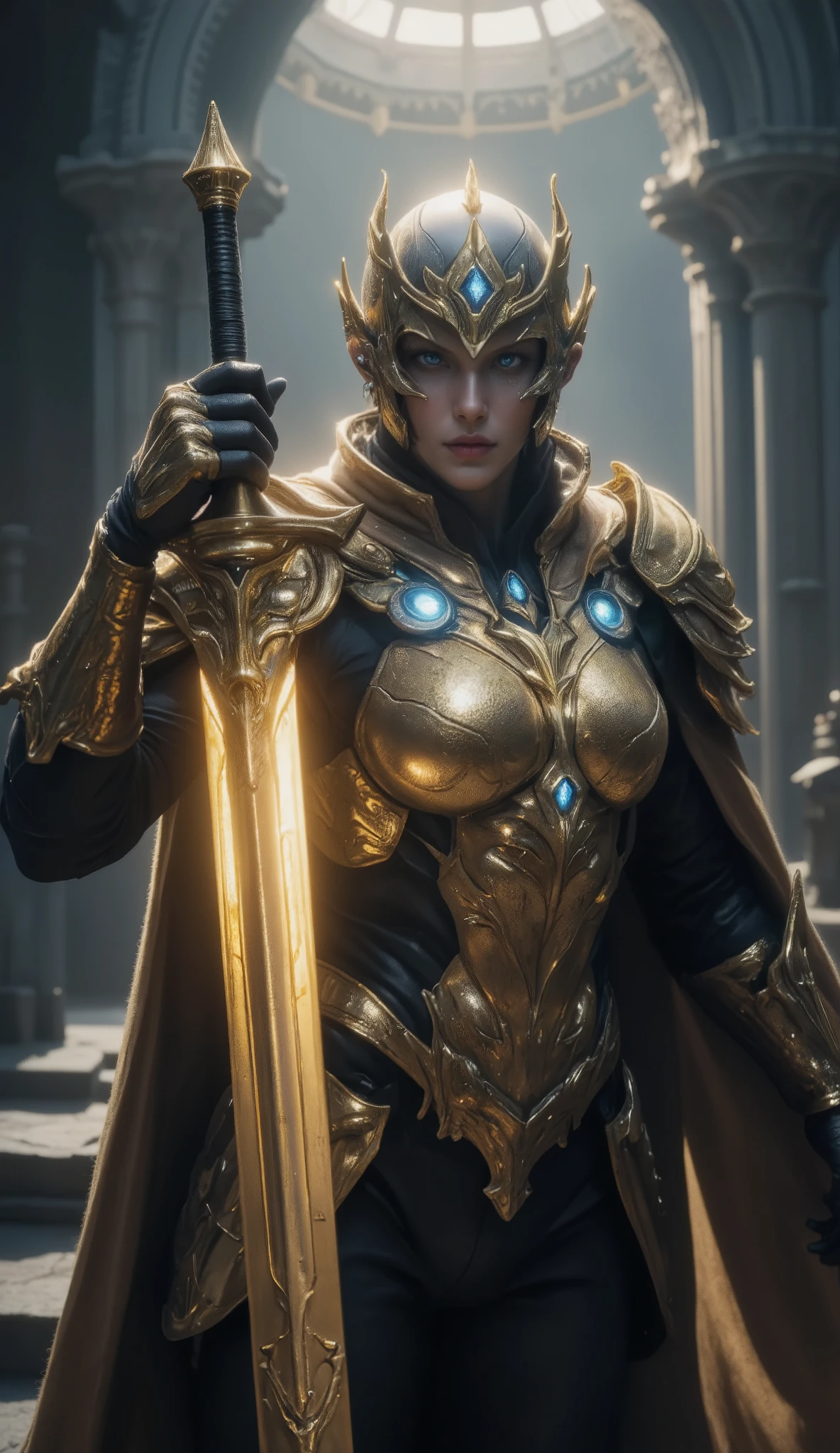 An awe-inspiring paladin wearing golden armor, wielding a sword imbued with radiant light, and holding a golden giant shield. The paladin’s blue eyes shine with determination as they navigate through the dark and mysterious cityscape. The glow of the paladin’s sword illuminates the surroundings, revealing intricate details and adding a cinematic touch to the composition. The overall aesthetic captures the beauty and depth of the scene, reminiscent of Fujifilm photography.smile