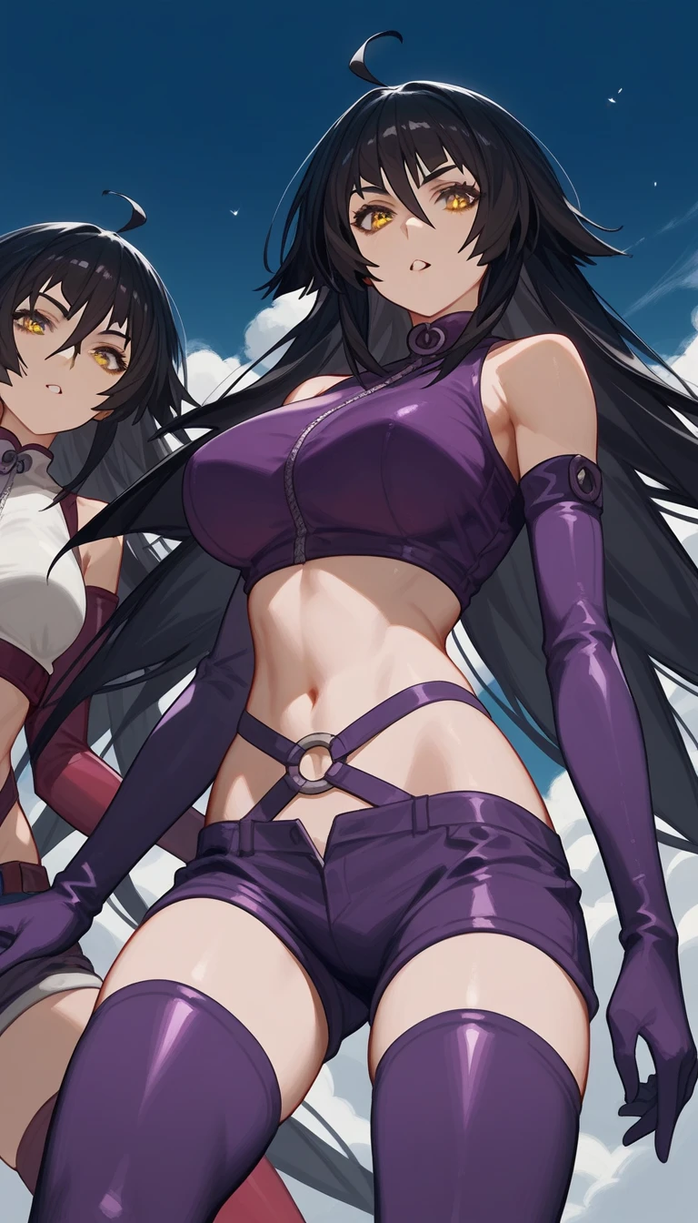 full body, a cat woman, she has freckles, she has dark brown eyes, and an upturned nose, she is happy and smiling, she has long wavy hair, black hair, she is wearing aviator sunglasses with clear lenses in a soft watercolor style. The girl's clothes must be pink, purple, and blue in celebration of the bisexual, with stains of ink and watercolor mixing and filling the scene. There should be a subtle, nuanced change in colors using the impasto technique with gouache paint. There should be a light rain in the watercolor painting with a little watercolor paper texture and a pastel background.