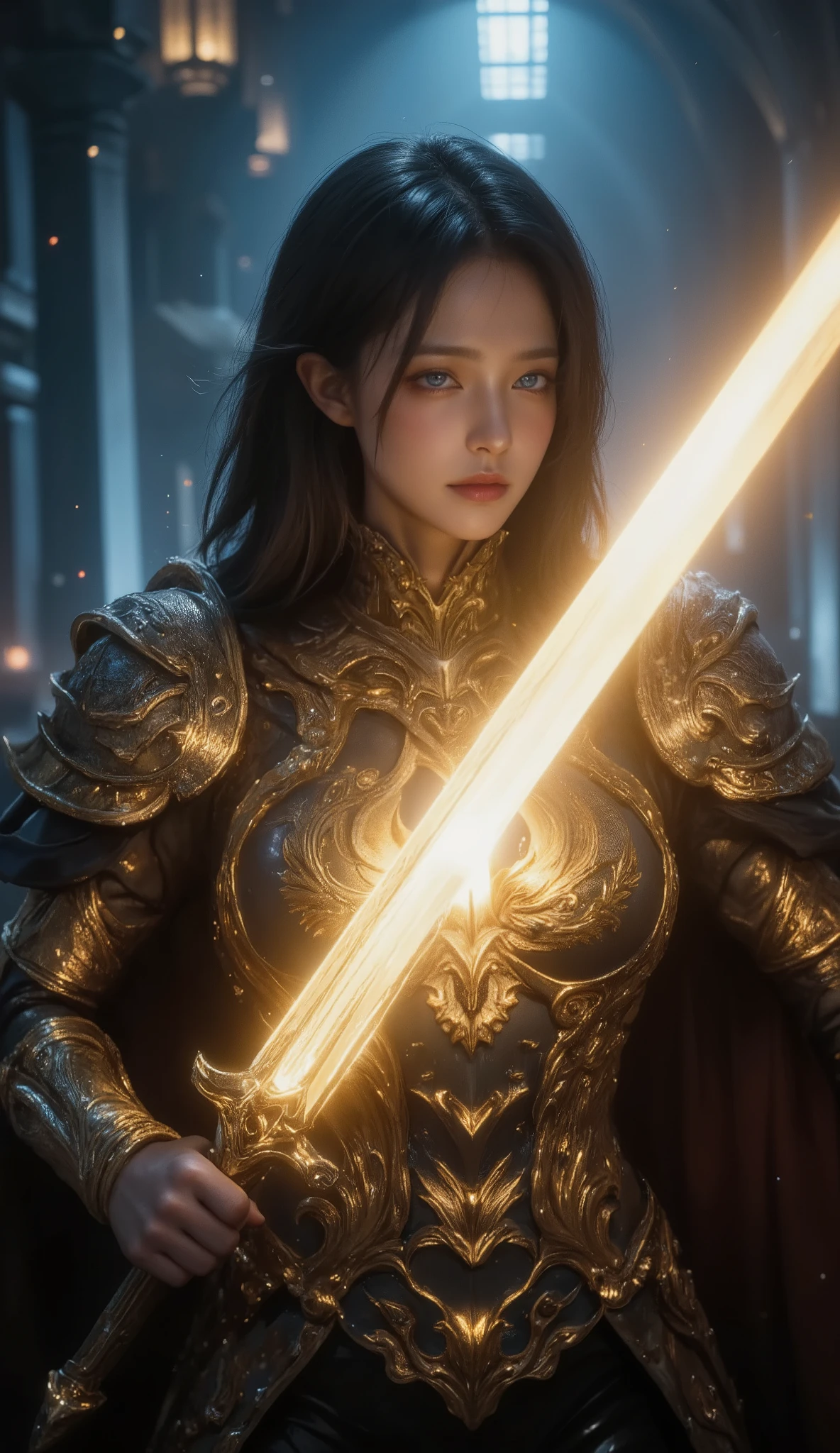 An awe-inspiring paladin wearing golden armor, wielding a sword imbued with radiant light, and holding a golden giant shield. The paladin’s blue eyes shine with determination as they navigate through the dark and mysterious cityscape. The glow of the paladin’s sword illuminates the surroundings, revealing intricate details and adding a cinematic touch to the composition. The overall aesthetic captures the beauty and depth of the scene, reminiscent of Fujifilm photography.smile