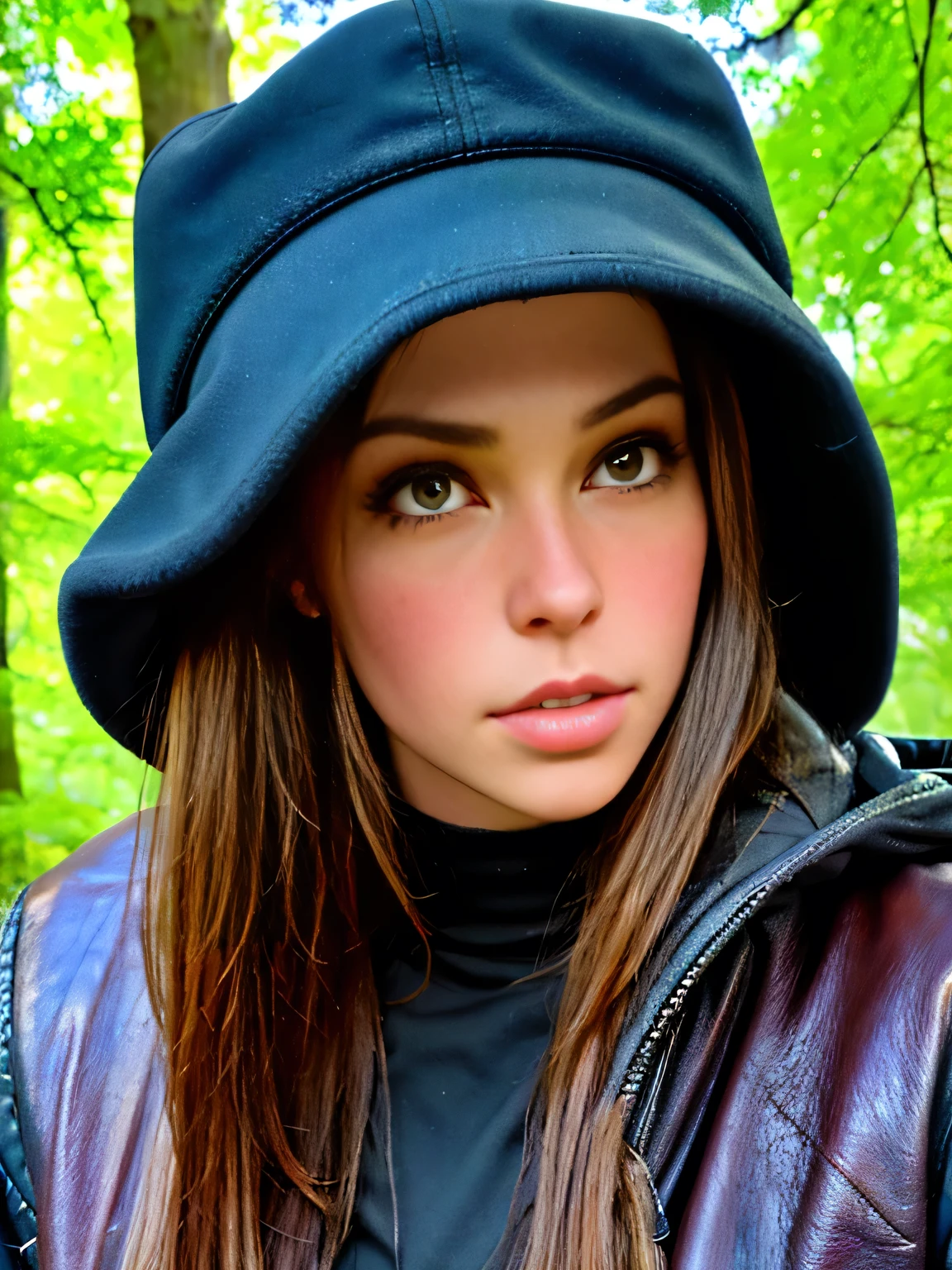 Photo of a woman, sympathetic facial expression ), ultra-textured leather, goosebumps, charcoal black hair , face looks straight at the camera , full face, half up and half down , faux fur lined parka with skinny jeans and hat, group profile, tall ancient mahogany trees , creates a sense of wonder and awe , beautiful eyes, hard lighting : 1.41), Velvia 100 color , shot on Cinestill 8001 , god , sharp focus on subject , shot by Manusla Marquez