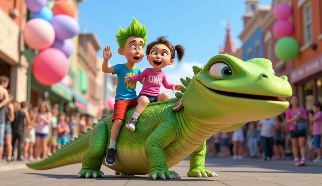alligator wearing sunglasses waving goodbye to a delivery boy in a square