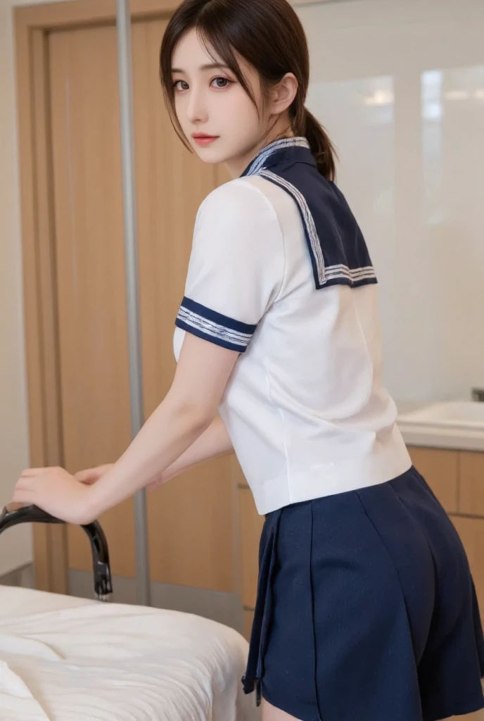 (Tabletop, highest quality:1.2), 8k, 18-year-old, 85mm, Official Art, RAW Photos, Absurd, White dress shirt, Cute face, close, Upper Body, Viola Lace, Gardenia, beautiful girl, (Dark red tie:1.1)、(Navy Pleated Skirt:1.1), Cinch waist, Thighs, Short sleeve, classroom, ponytail、short hair、short hair、sit on bench seat, Looking at the audience, No makeup, (smile:0.4), Film Grain, chromatic aberration, Sharp focus, Face Light, Bright lighting, Teen, Detailed face, ((Background blur,日本の学校のclassroom、classroom、Cherry tree seen from the window))、((Sexy panties in full view:1.05))、((Spread your legs wide:1.45))