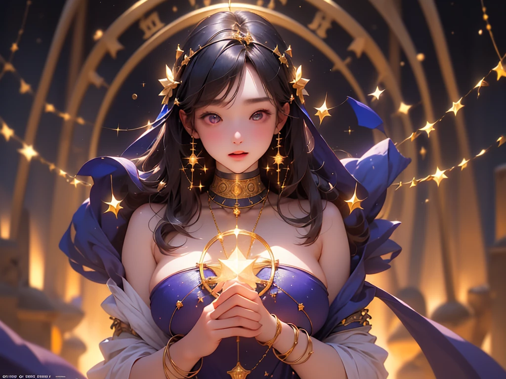 (Highest quality、Highest quality、Masterpiece、Very delicate、Very detailed、Exquisite、16K、Full HD)、1 female、(Light blue negligee、Tutu、gem、ribbon、Silver decoration)、Small breasts、Perfect body line、Glowing Skin、(Groomed eyebrows、Pink Lips、Golden Eyeysterious Face)、(Black Hair、Braid、Medium Bob Hair、Shiny Hair、hair ornaments)、Dramatic lighting、(universe、Astrology)