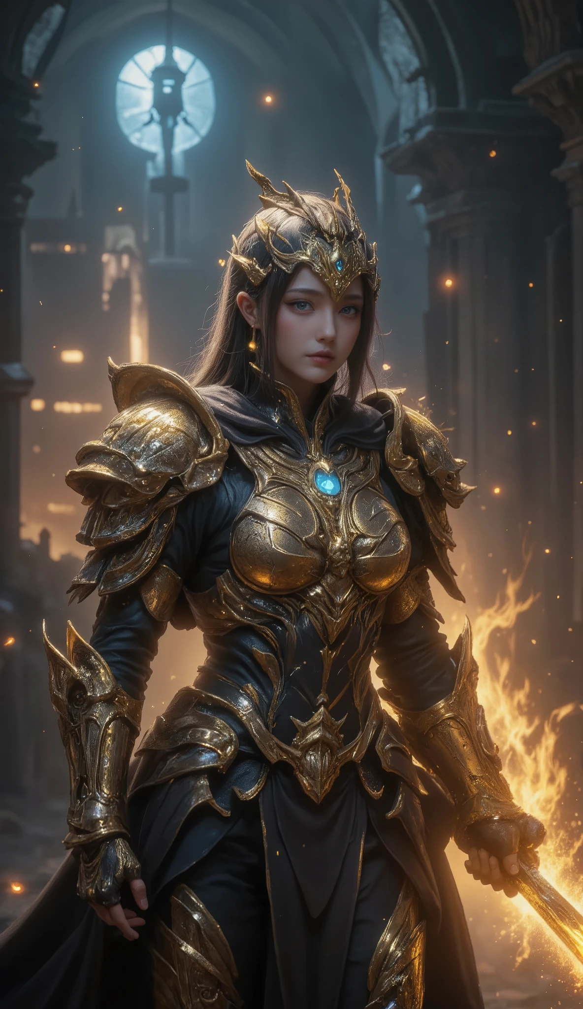 An awe-inspiring paladin wearing golden armor, wielding a sword imbued with radiant light, and holding a golden giant shield. The paladin’s blue eyes shine with determination as they navigate through the dark and mysterious cityscape. The glow of the paladin’s sword illuminates the surroundings, revealing intricate details and adding a cinematic touch to the composition. The overall aesthetic captures the beauty and depth of the scene, reminiscent of Fujifilm photography.smile