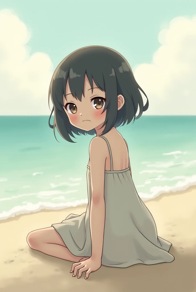 One Girl,No sleeve,Hair is straight,smile,The background is the beach,(child:1.7),Innocent face,Light blue short skirt,bright,Sandy Beach,Swimwear,smile,Black Hair