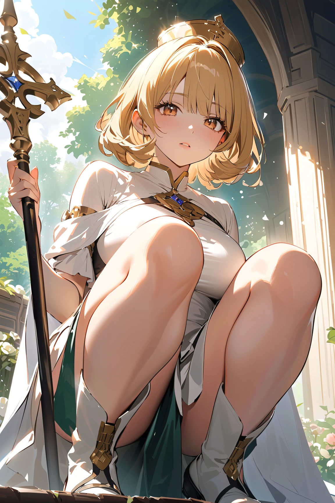 (8K, ultra-detailed, best quality, anatomically perfect body:1.5), (small breast:1.2), shiny skin, sage_(dq3), (have to pee:1.1), (urge to pee:1.2), (peeing self:0.6), (pp clothes:0.5), (very desperate to pee:1.3), (forest), (standing), (long white dress:1.4), (yellow gloves, yellow boots:1.1), (long hair, blue hair:1.1), red eyes, (belt, cape, cloak, circlet, bare shoulders), cleavage, (knees together and feet apart:1.4), (Rub each other's knees:1.2), (leaning forward:1.3), (hand between legs), (holding the crotch:1.3), (orgasm:1.1), (blush:1.1), (embarrassment:1.3), (impatience:1.2), (flustered:1.2), (fidgeting around:1.3), flowing sweat, (erotic waist twist:1.3), (panting), (breathless:1.2), Erotic feelings, (close eyes, closed mouth:0.8), looking away, (upskirt:1.4), nsfw,