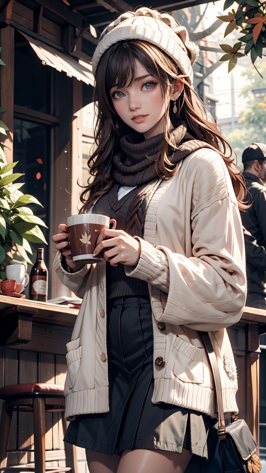  1 girl, 秋のleaf, bangs,  BLACK HEADWEAR,   blurry background, ,  brown eyes,  tea hair, brown  scarves , brown  skirt ,  cardigan,  coffee,  cowboy shooting at the audience, cup, disposable cup, [drink,  落ちleaf, Beanie,  holding on gemst,  holding on gemst [drink, leaf,  long hair,   long sleeve ,  Audience , open  cardigan,  open your mouth,  check pattern ,  check pattern   skirt , puffy   long sleeve , red   sweater  ,  scarves ,  shirt,  shirt tucked in,  side lock,  skirt , smile, Alone,   sweater  , white  shirt,  very detailed on trends,  complicated, Masterpiece,   is ridiculous