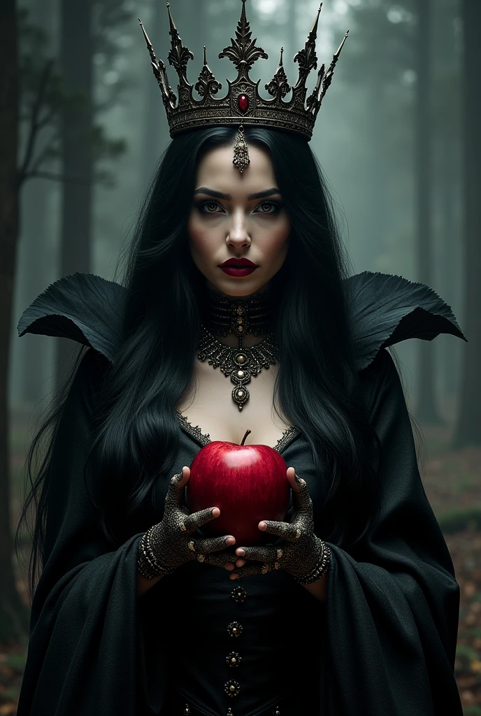 Girl,Black long hair，Black Queen，accessories，Apple in hand，Poison apples，Witch Queen，Red lipstick, blue eyes 