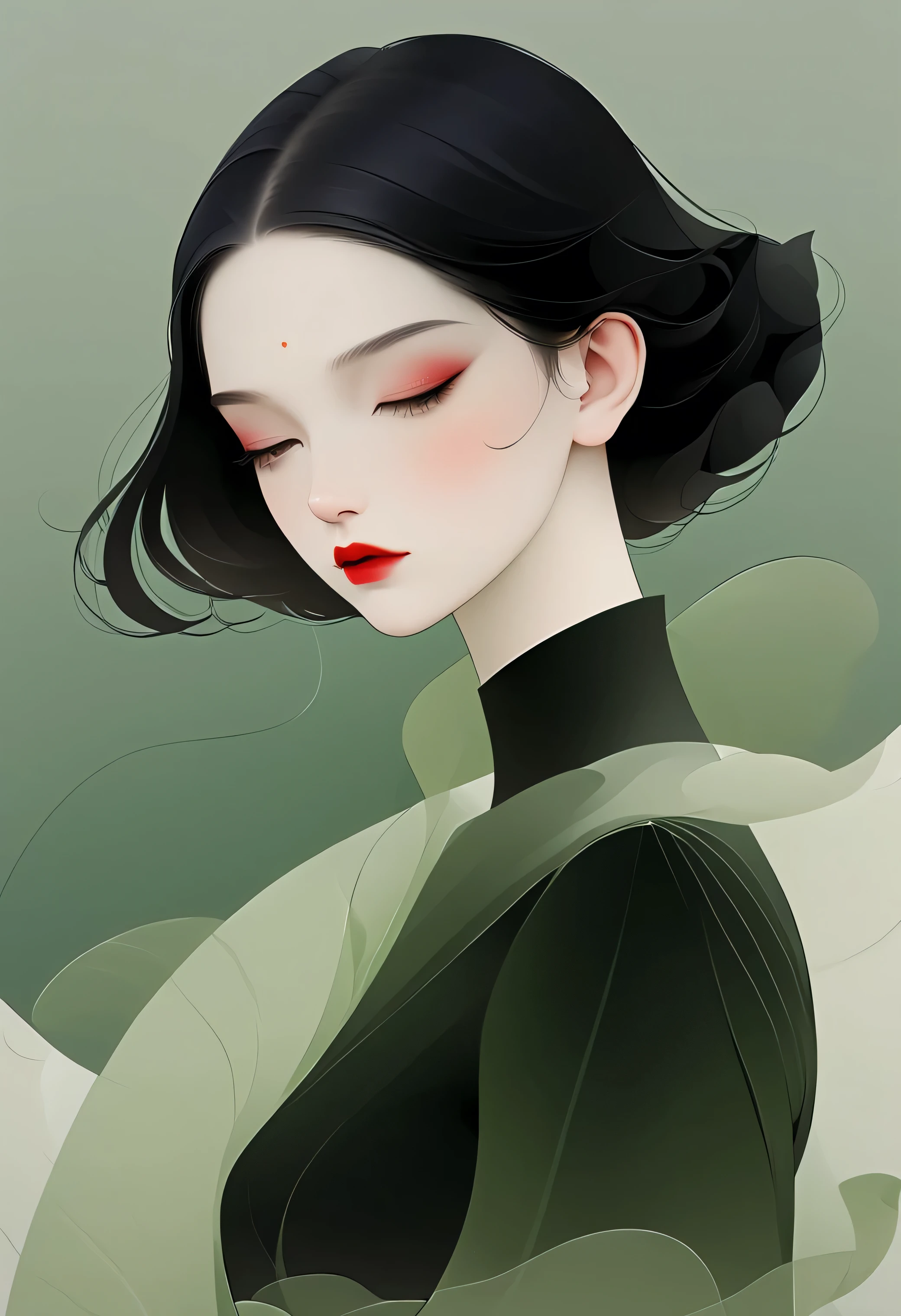 (masterpiece, best quality:1.2), 1 girl, alone,beautiful face，red lips，black hair，Simple hairstyle，Minimalist Art Nouveau，illustration style，Black and green，geometry