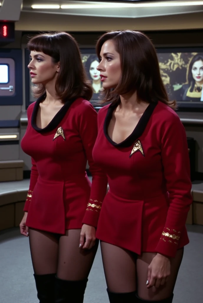 photorea;istic. sexy captain janeway and a friend kissing. starfleet uniforms. On a starship (Star Trek). Great legs. Large brests Cleavage. Bare legs. Bare arms. Muscular. Skin glistening with sweat sheen. Noticeable globs of white slime (semen) on their faces, brests and legs.