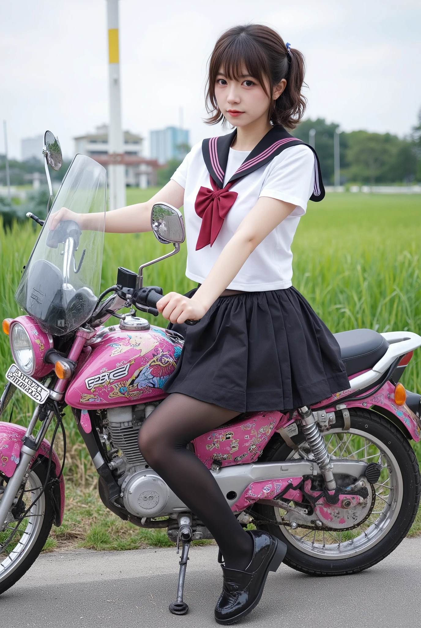 DOCUMENTARY PHOTOS, realistic, dramatic scene, Very Beautiful Japanese High School Girl , cute woman but Bad boy, Beautiful white and clear skin , ( 短いスカートの sailor suit ), ((PERFECT AND ULTRA REAL PANTYSTOCKING 、Skirt and pantyhose))、 red ribbon , Sera Clothing, sailor suit , white shirt, wearing black loafers , punk rock styled mature Bad boy, brown short curly hair , Perm Hair , red lips, Bad boy, ( they are suffering ), Slim Waist , She is riding a motorcycle on a sidewalk between rice paddies wearing Japanese high school black , vending machine voice , In winter, pink graffiti bike 、white seat , Sulky, puffy , Leg spread , cross legs, Super long skirt