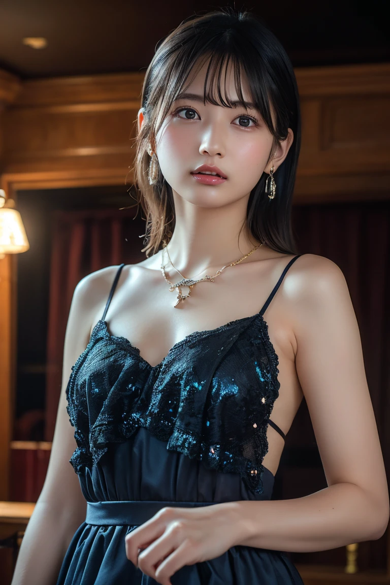 (Highest quality:1.4),(masterpiece:1.4),(Realistic:1.4),(Realistic:1.2),(超High resolution, RAW Photos:1.4),(High resolution, Ultra-detailed:1.2),(8k:1.2),View your viewers,Cinematic photography,One girl,skeletally correct,Black-haired woman,Woman in her early 20s,(Small earrings,necklace,Metallic Dresses),(Western-style building interior,Dimly lit room,The lamplight shines on my cheeks,Sit on the sofa)