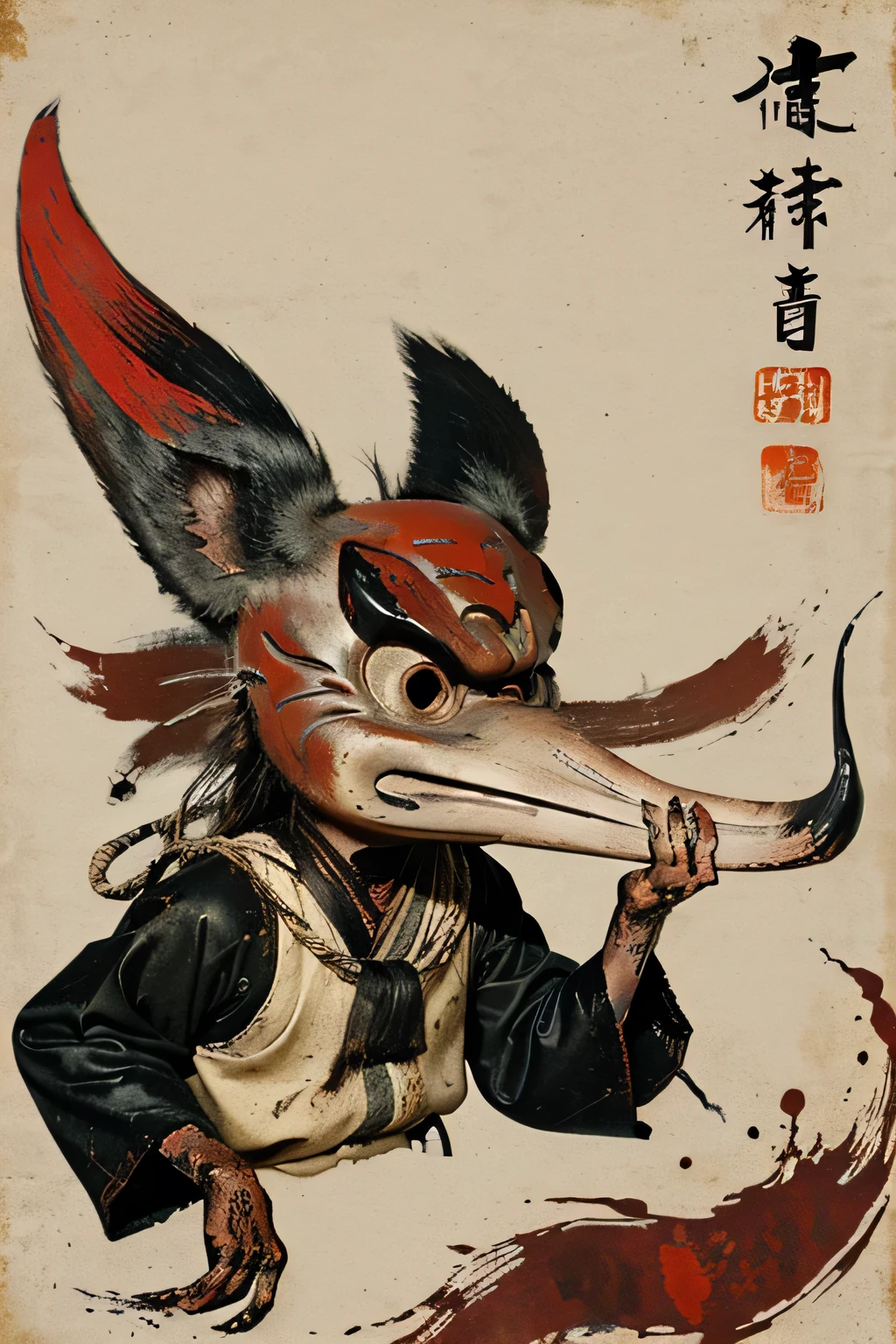 ((Tengu, ascetic, Japanese Yokai)), ((Jump Scare)), outline warm color, ((festival)), ((Chojugiga)), ((Shihon Bokuga)), antique , (personality personification ), (Ink painting), Black and White Art , (Old paper style illustration), (Hunting Painting Style, Little Monster , Old performance, Variation pointillism, flat illustration , creepy, ( Horror elements), creepy worldview, ( Primitive art ), outline warm color, it's a style like an old picture scroll-like, Old stage, Ancient mural style, red eyebrows of the TenguMask
