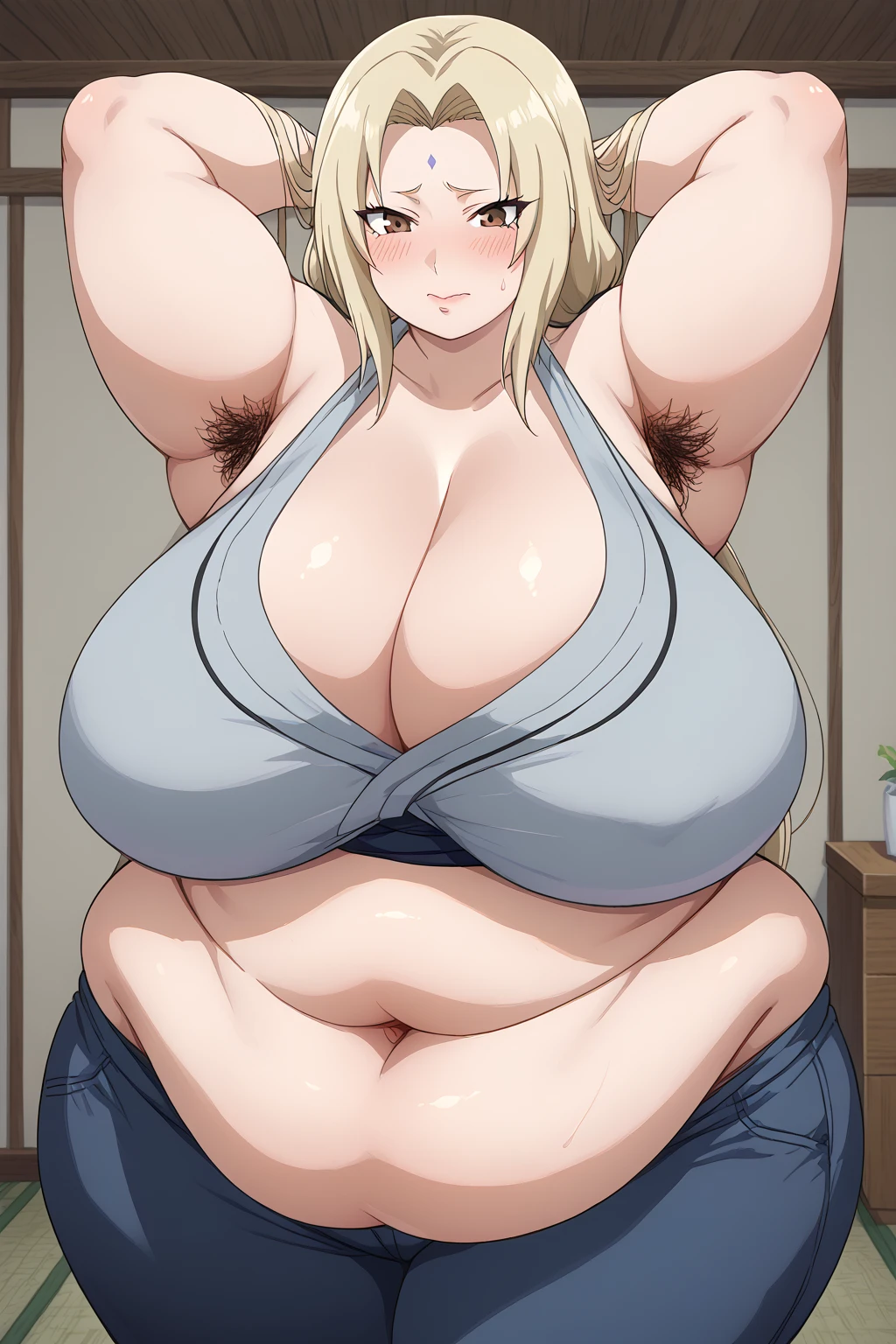 ((highres)), Masterpiece, high quality, best quality, beautiful, perfect lighting, detailed face, ultra cute face, cowboy shot, ((1girl)), ((solo)),
long hair, fluffy hair, blonde hair, blue eyes, ((blush)), embarrassed, nervous, shy, looking at viewer, arms behind back, crop top, shorts, thick thighs, (wide hips), (chubby), chubby belly, cleavage, ((large breasts)),
20 year old female, standing in a hotel lobby, (hotel lobby), daytime,