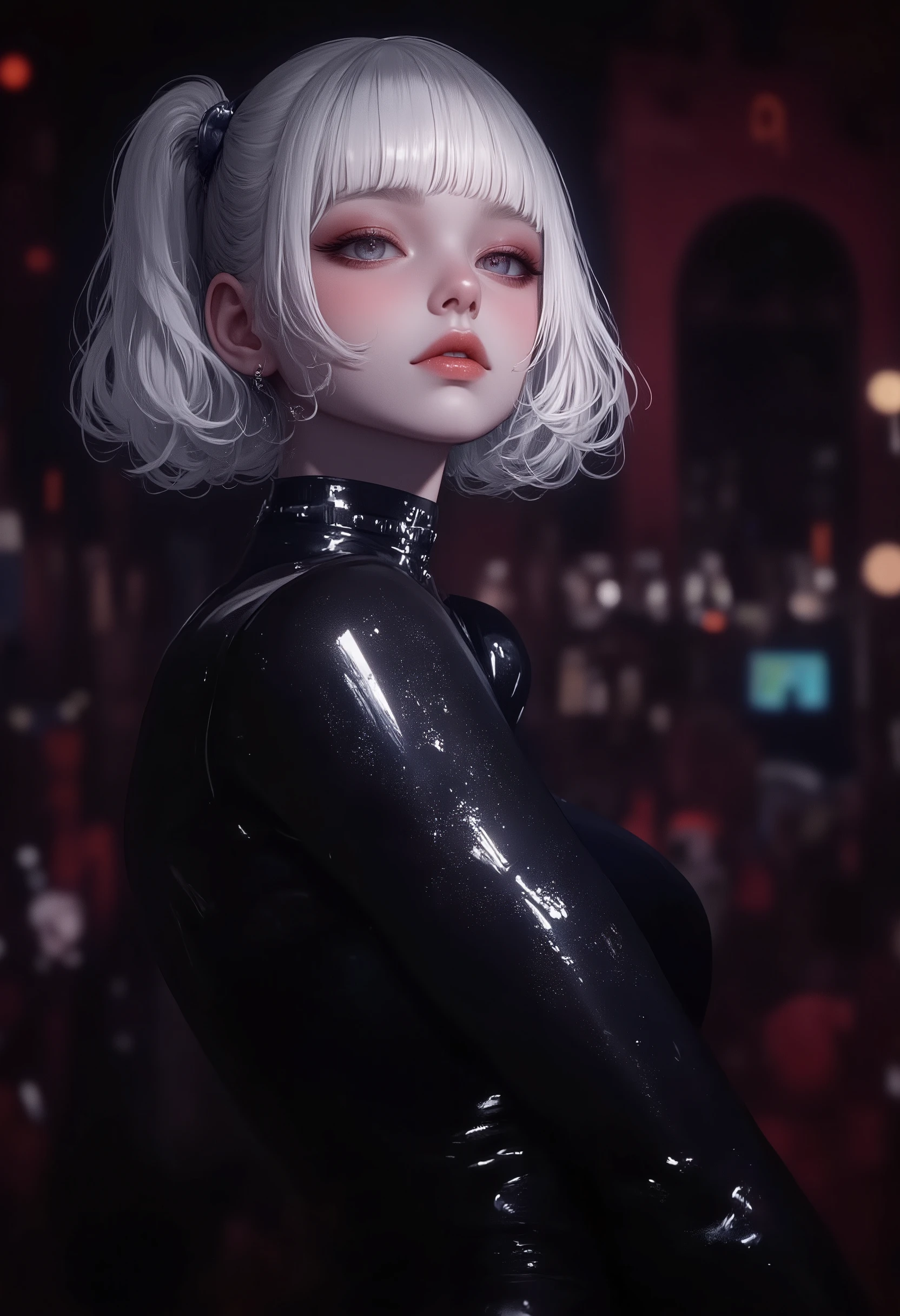 Gothic_girl, choker, indoors, night, dim light, wide_shot
The image is a full_body shot of a young woman with white hair styled in a short bob with bangs. She is wearing a black latex outfit with a high collar and a choker necklace. The outfit appears to be made of a shiny, shiny material and has a shiny finish.She has a seduce gaze on her face and lifting the face and looking at the viewer. The background is a night club, making the woman the focal point of the image.