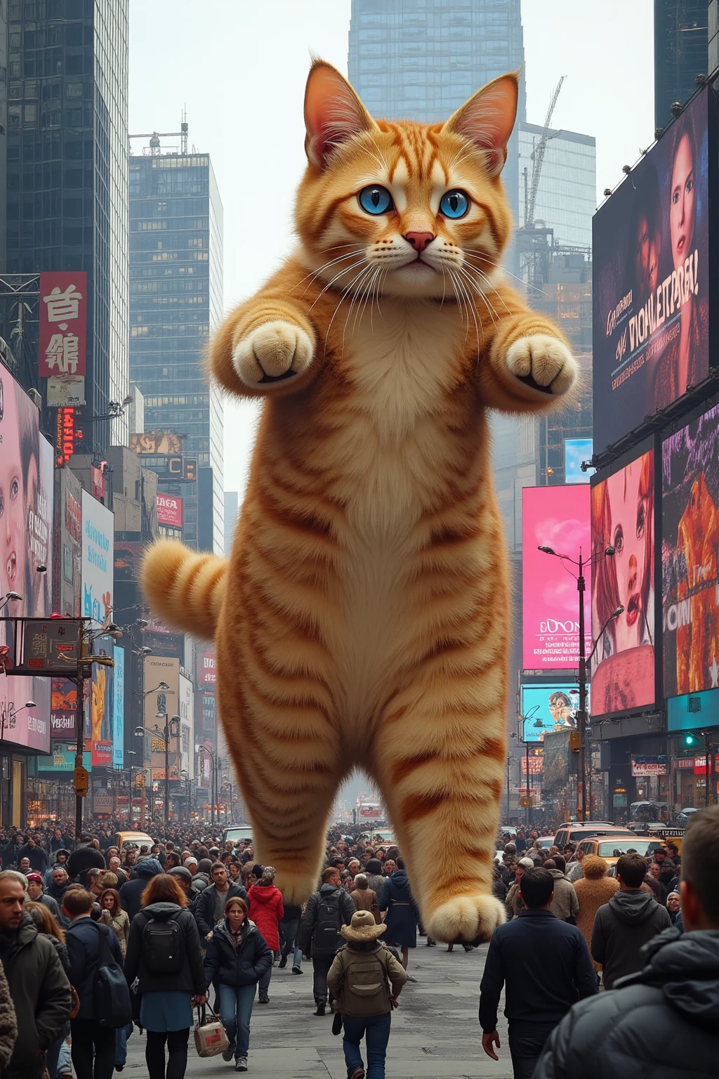 Envision a whimsical day in the heart of New York City, where (a gigantic, charming tabby cat with vibrant orange and brown fur and bright blue eyes) cavorts amidst the hustle of Times Square. Amidst the neon lights and towering skyscrapers, this delightful feline giant creates an awe-inspiring, enchanting scene. The iconic advertisements and large digital screens cast their light on this colossal tabby, highlighting its fluffy, adorable features amidst the urban landscape. Spectators, including tourists and New Yorkers alike, pause in their tracks, stunned by this gentle playful being towering over them. Cameras flash, digital clicks abound as everyone strives to save the moment forever—a whimsical blend of modern life and fantasy. The atmosphere buzzes with joy and wonder; laughter echoes as this lovable giant brings a sense of innocence and mirth to the city that never sleeps. The sidewalks overflow with delight, showcasing how a simple yet fantastical phenomenon can transform the mundane into the extraordinary, weaving magic into the very fabric of city life.